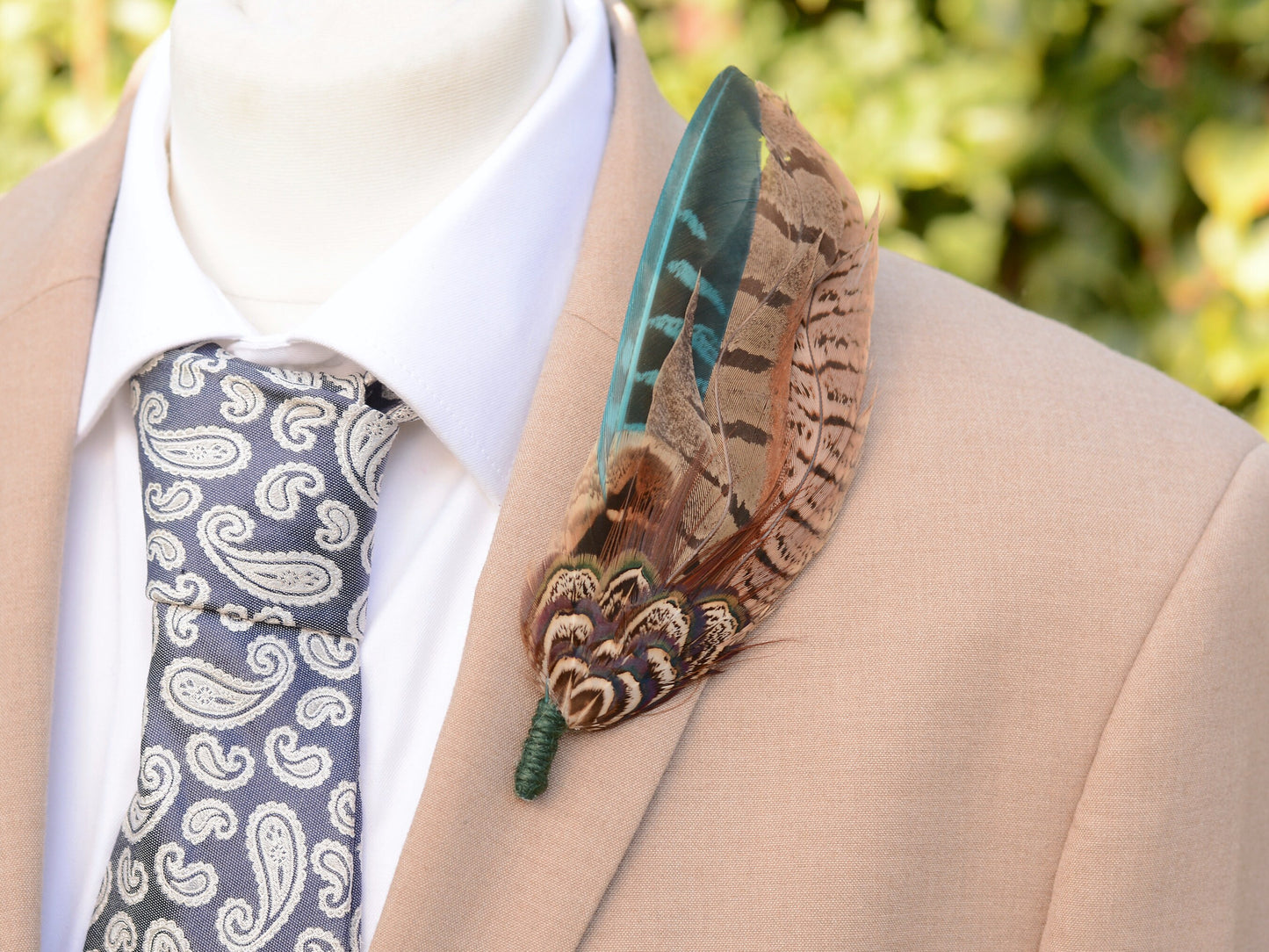Pheasant Feather Hat Pin in Green and Browns No.300 | Unique Pheasant Feather Boutonniere | Feather Brooch
