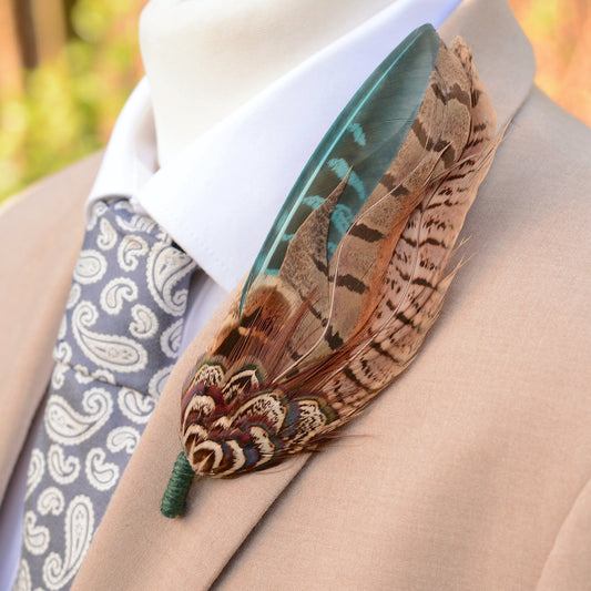 Pheasant Feather Hat Pin in Green and Browns No.300 | Unique Pheasant Feather Boutonniere | Feather Brooch