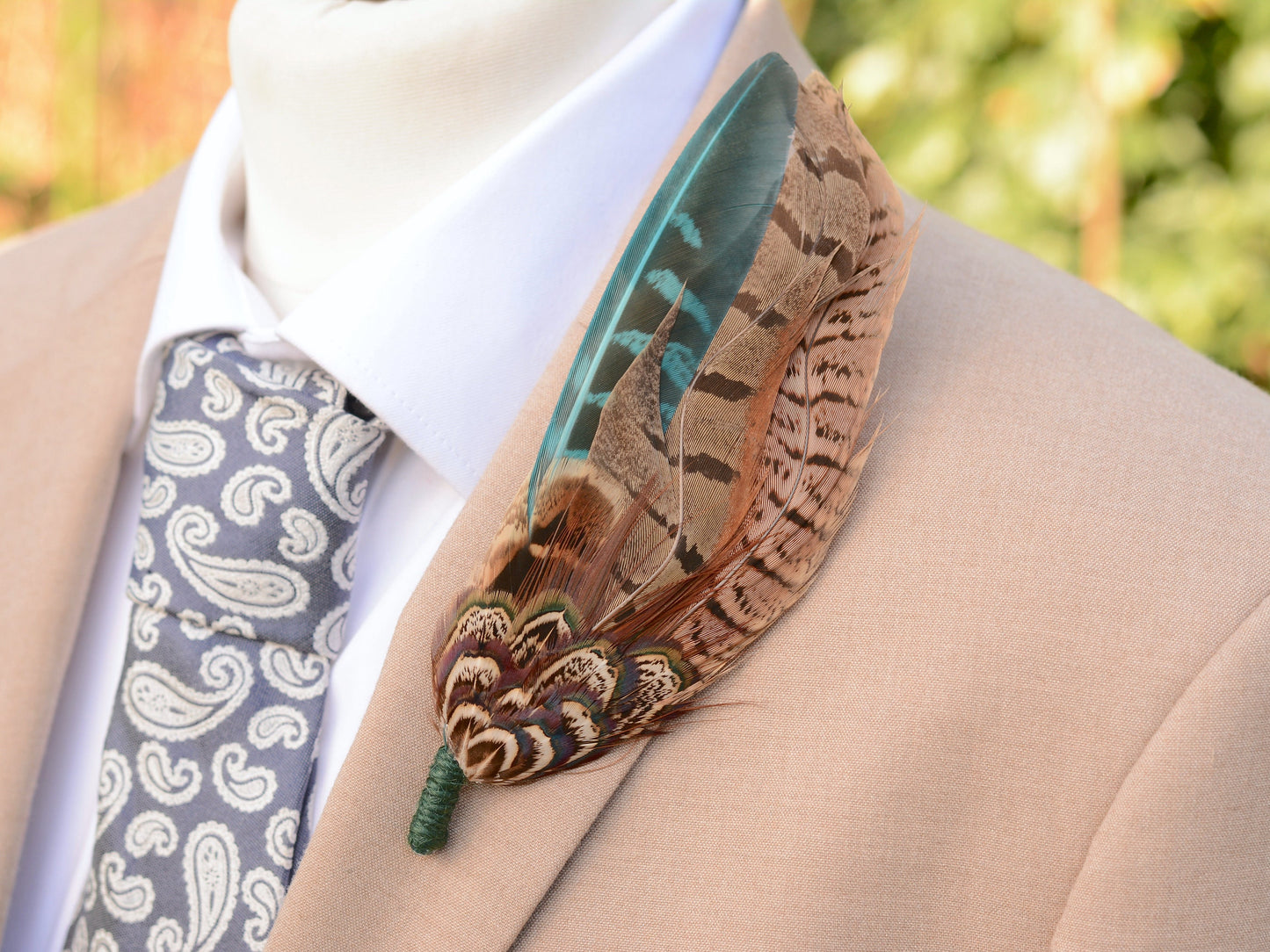 Pheasant Feather Hat Pin in Green and Browns No.300 | Unique Pheasant Feather Boutonniere | Feather Brooch