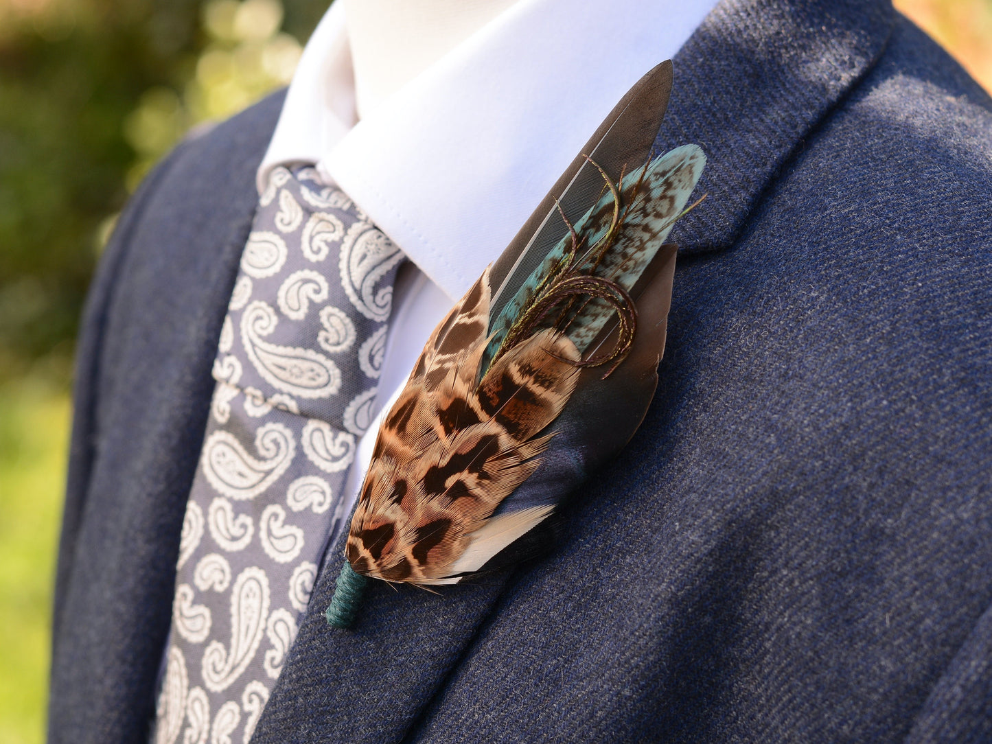 Teal Pheasant and Duck Feather Lapel Pin No.293 | Unique Duck Feather Boutonniere