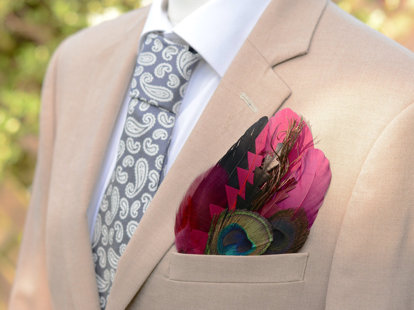 Burgundy, Black and Peacock Feather Pocket Square No.245 Suit Accessory