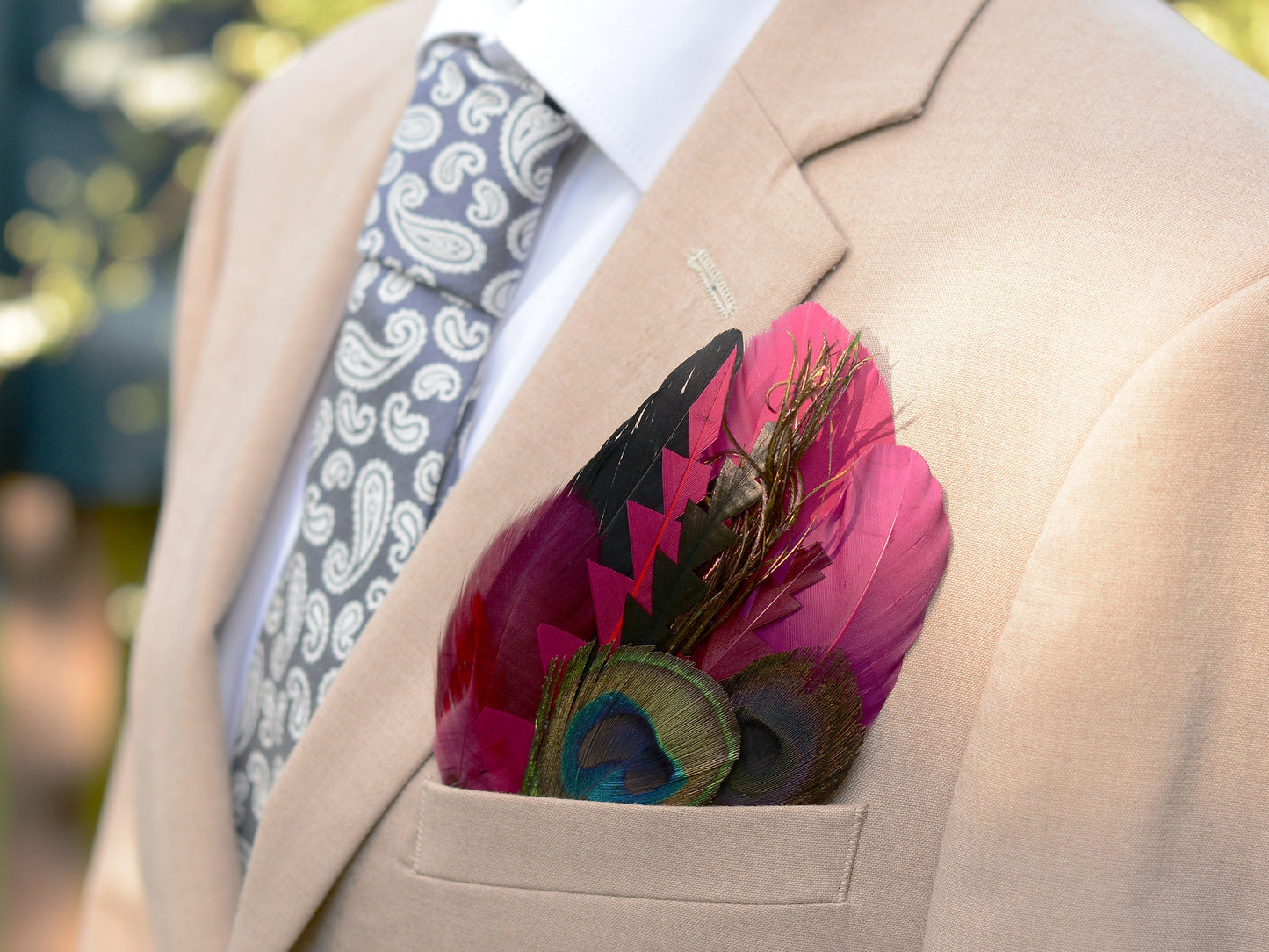 Burgundy, Black and Peacock Feather Pocket Square No.245 Suit Accessory
