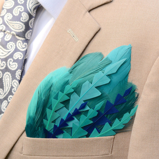 Teal Turquoise and Blue Feather Pocket Square No.241 Suit Accessory