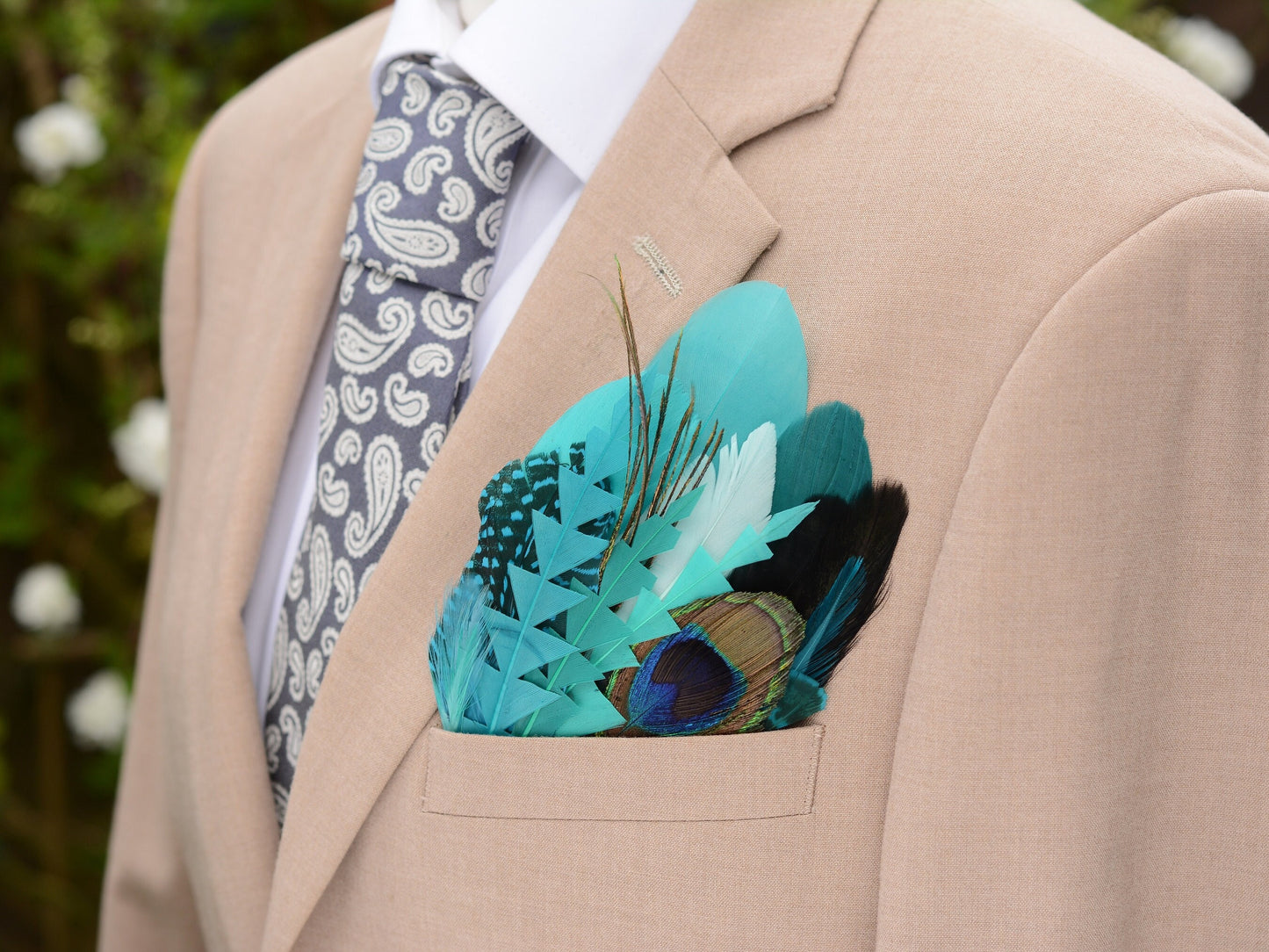 Shades of Teal and Turquoise Peacock Eye Feather Pocket Square No.223 | Suit Accessory