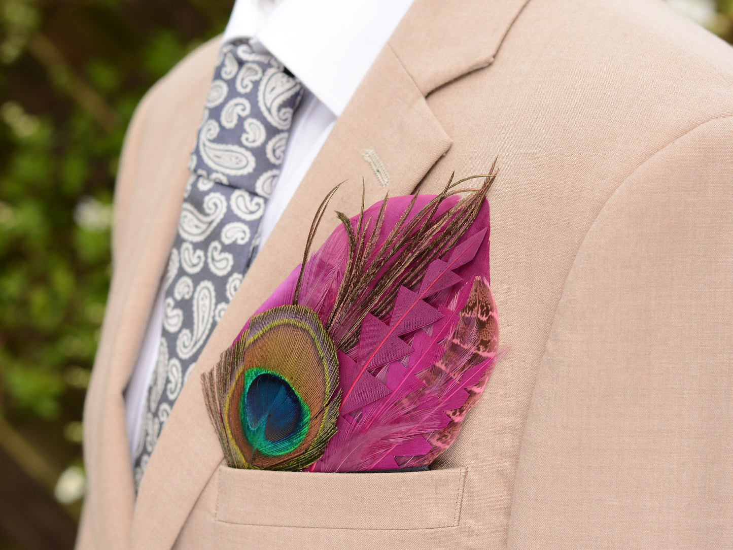 Plum Purple and Peacock Eye Feather Pocket Square No.222 Suit Accessory