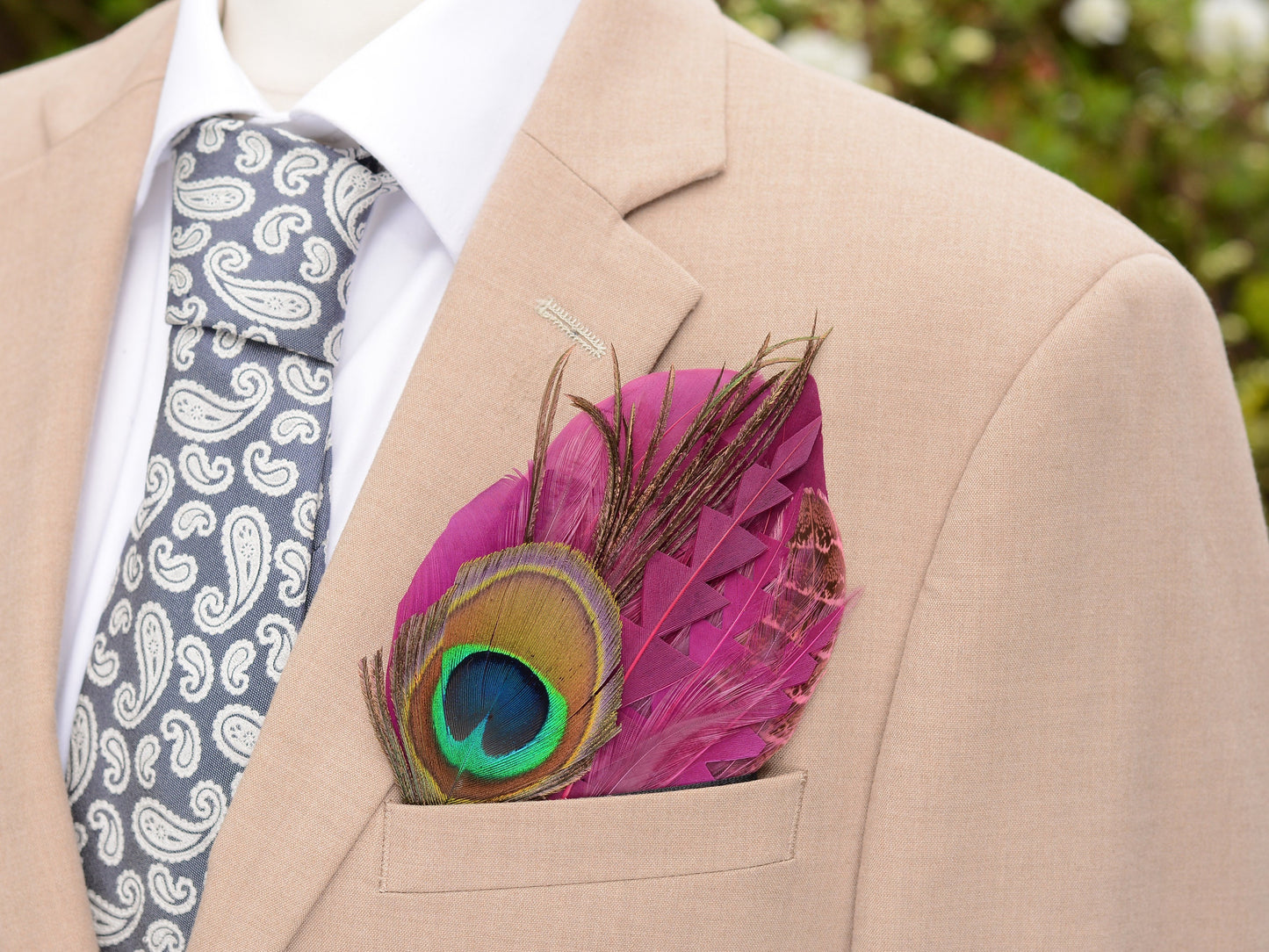 Plum Purple and Peacock Eye Feather Pocket Square No.222 Suit Accessory