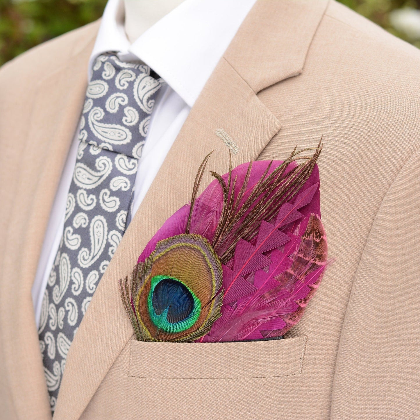 Plum Purple and Peacock Eye Feather Pocket Square No.222 Suit Accessory