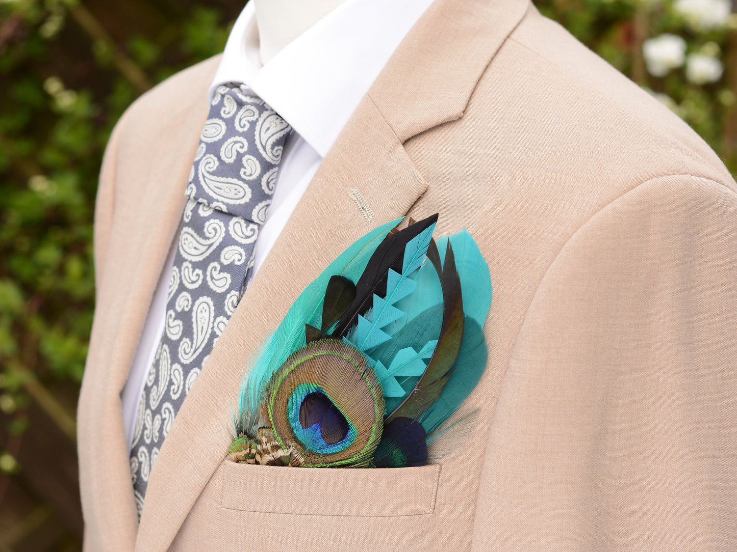 Shades of Teal and Turquoise Peacock Eye Feather Pocket Square No.236 | Suit Accessory