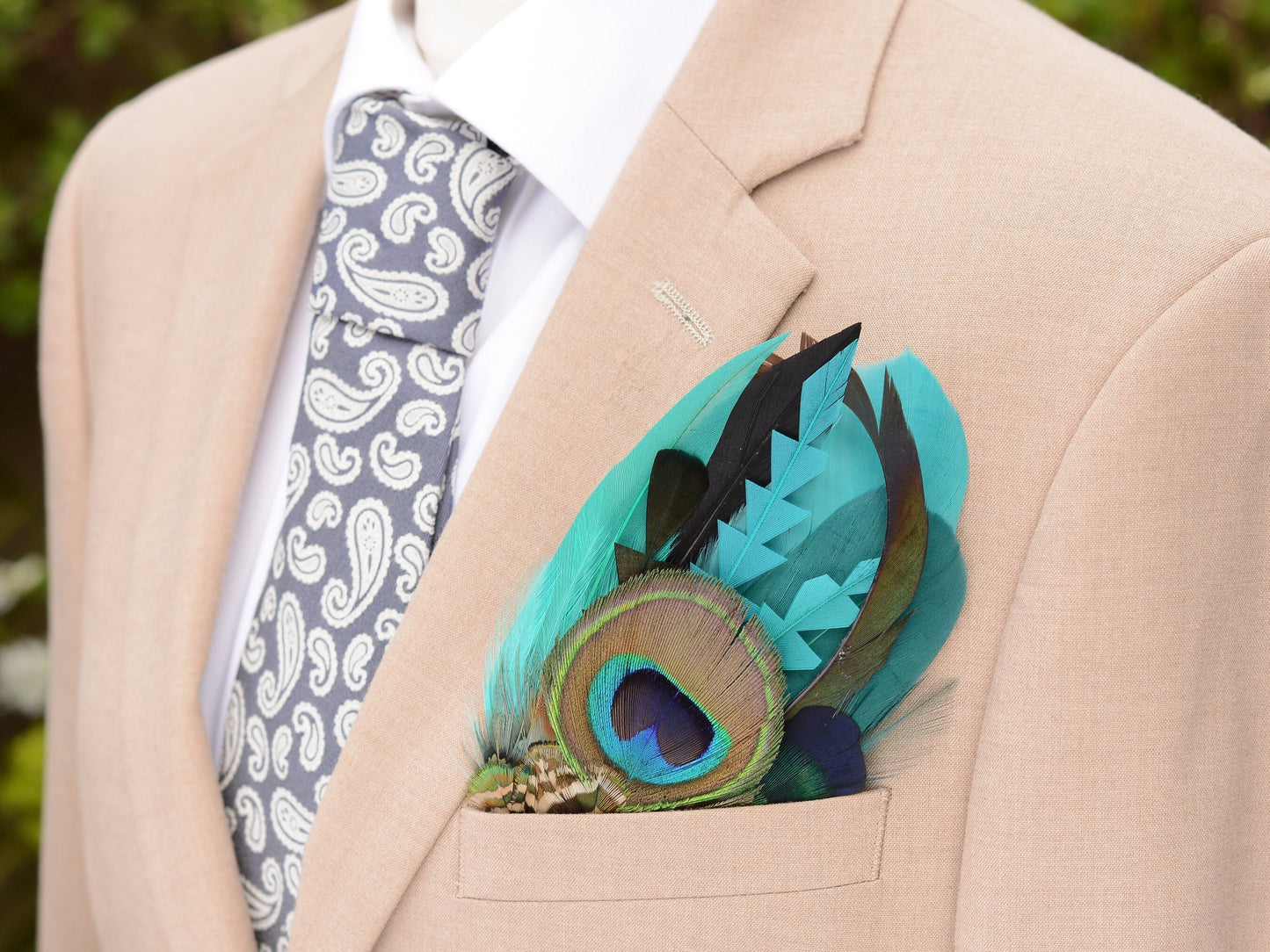 Shades of Teal and Turquoise Peacock Eye Feather Pocket Square No.236 | Suit Accessory