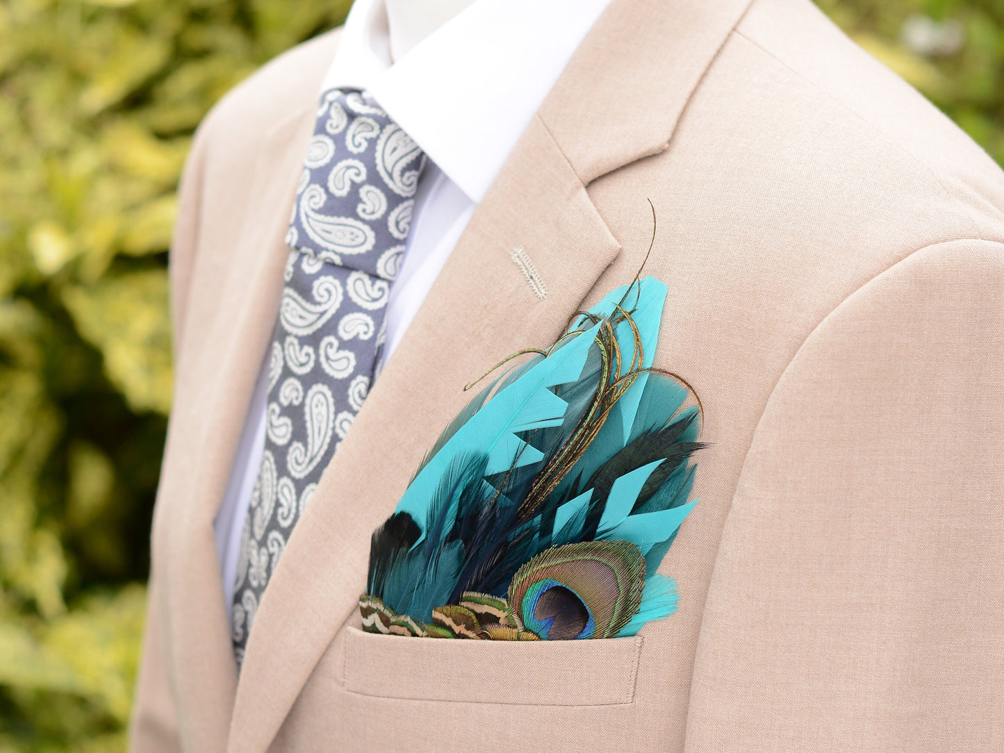 Shades of Teal and Turquoise Peacock Eye Feather Pocket Square No.251 | Suit Accessory