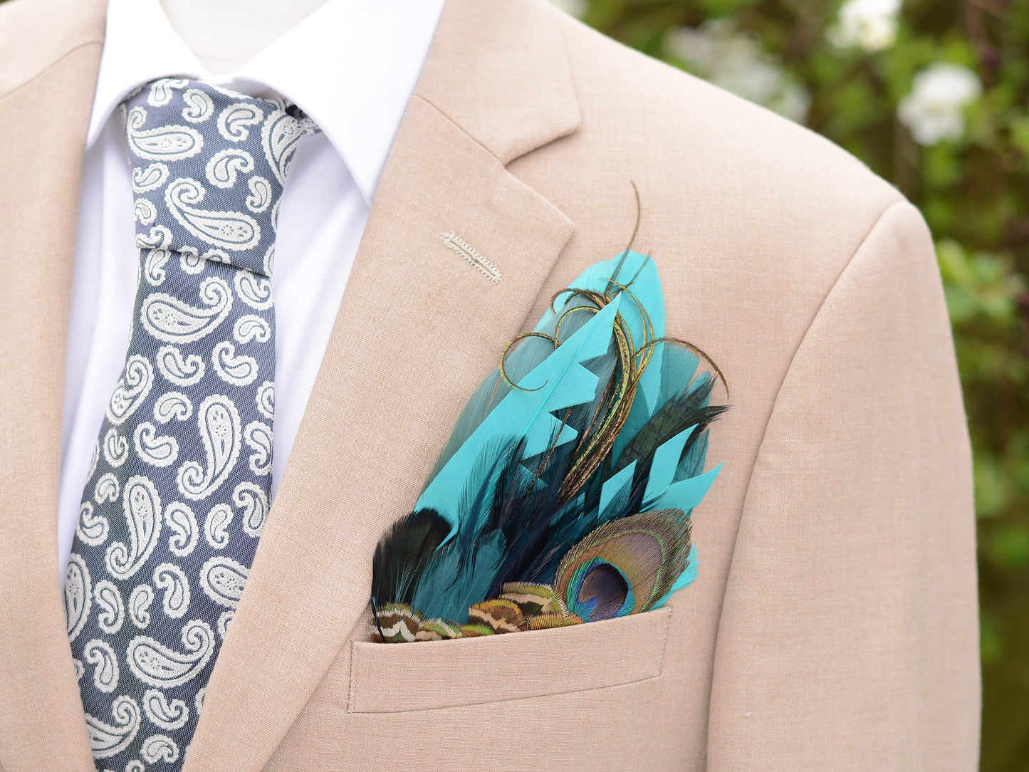 Shades of Teal and Turquoise Peacock Eye Feather Pocket Square No.251 | Suit Accessory