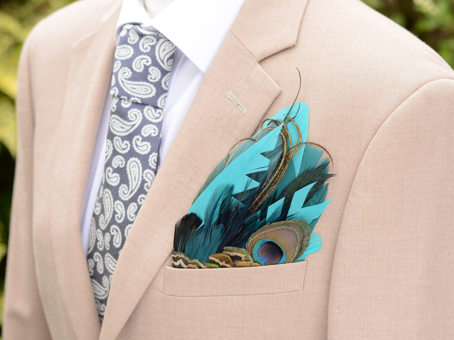 Shades of Teal and Turquoise Peacock Eye Feather Pocket Square No.251 | Suit Accessory