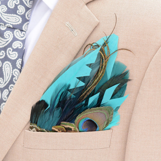 Shades of Teal and Turquoise Peacock Eye Feather Pocket Square No.251 | Suit Accessory