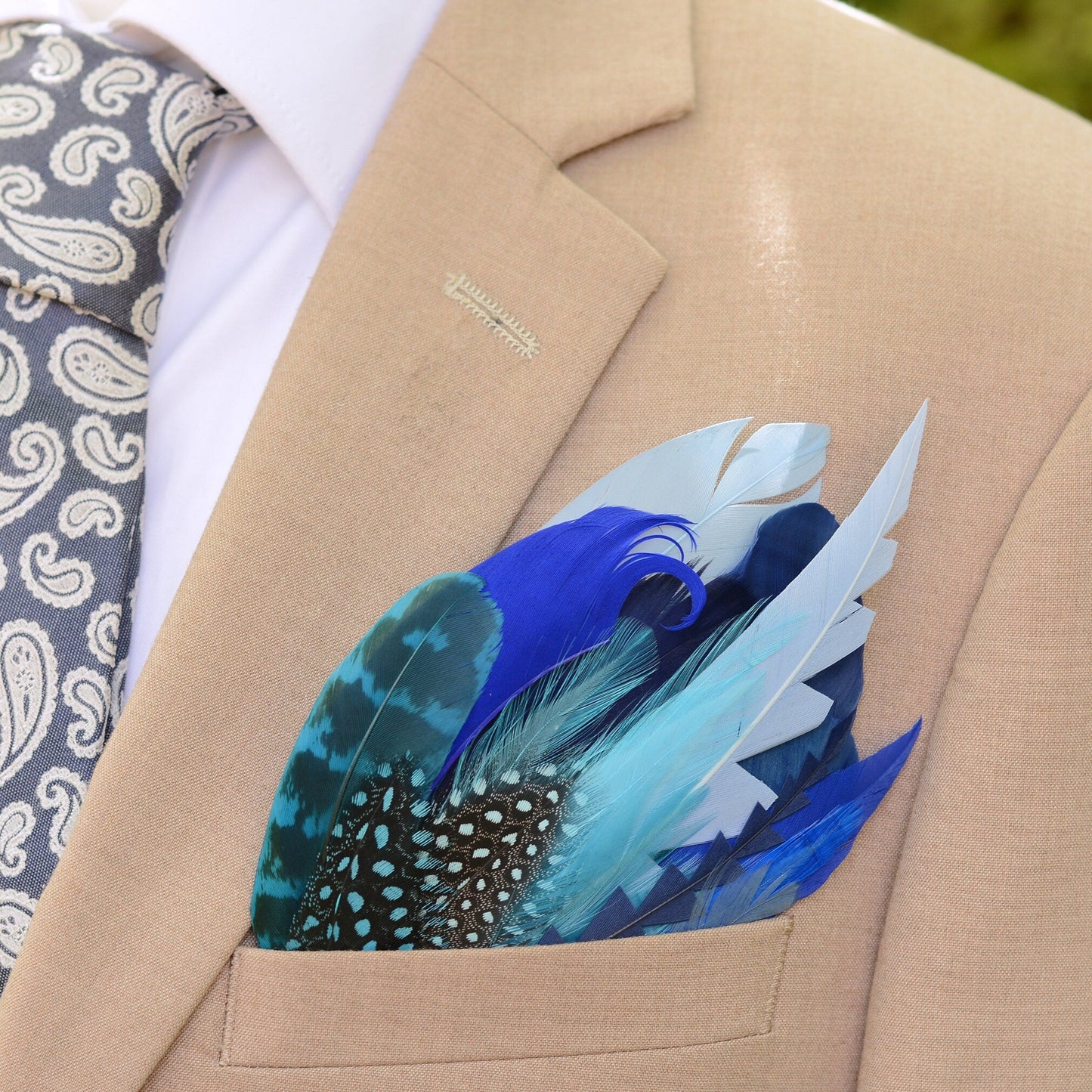 Blue and Turquoise Feather Pocket Square No.262 | Suit Accessory | Feather Neck Tie | Grooms Outfit | Groomsmen Gift | Wedding