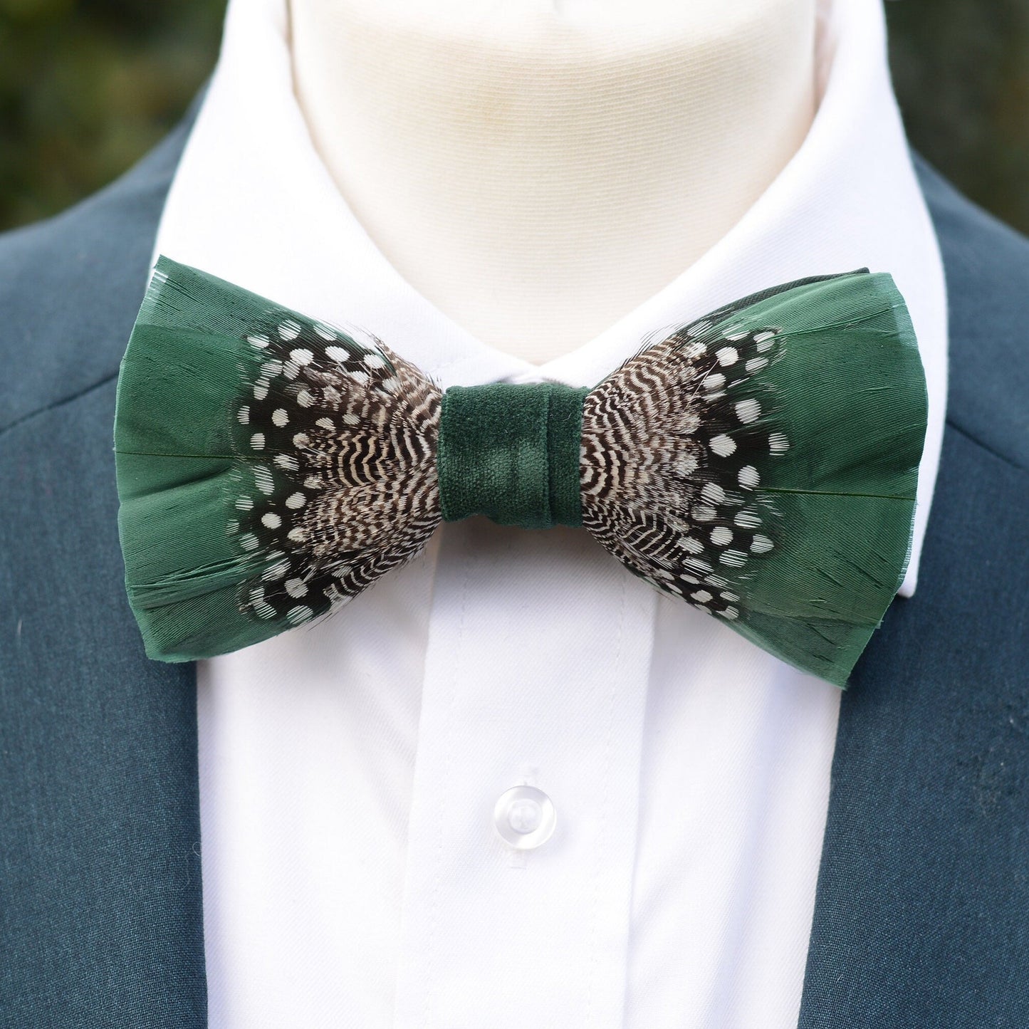 Feather Bow Tie in Deep Green and Monochrome Polka Dot | Grooms Outfit | Feather Neck Tie | Mens Gift | Black Tie