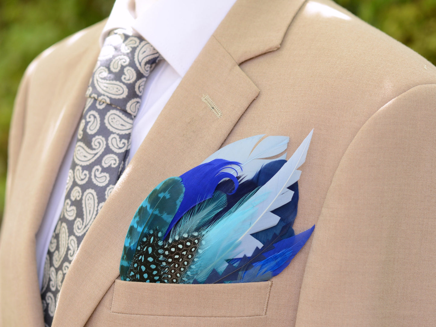 Blue and Turquoise Feather Pocket Square No.262 | Suit Accessory | Feather Neck Tie | Grooms Outfit | Groomsmen Gift | Wedding