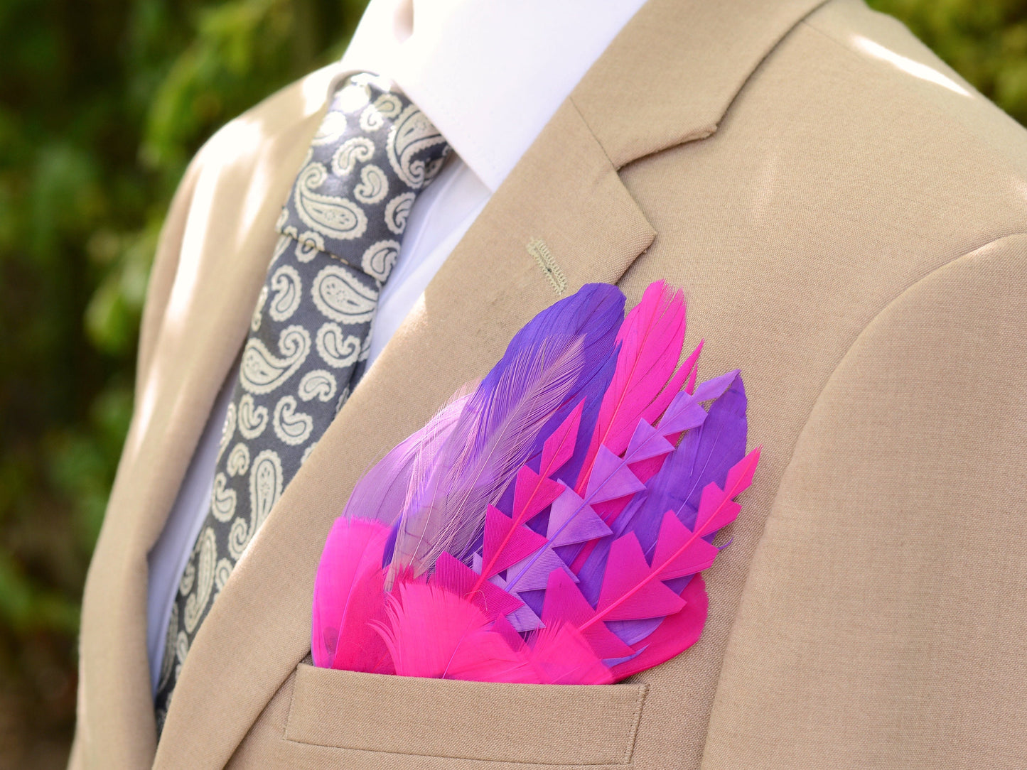 Purple and Pink Goose Feather Pocket Square No.263 | Suit Accessory | Feather Neck Tie | Grooms Outfit | Groomsmen Gift | Wedding