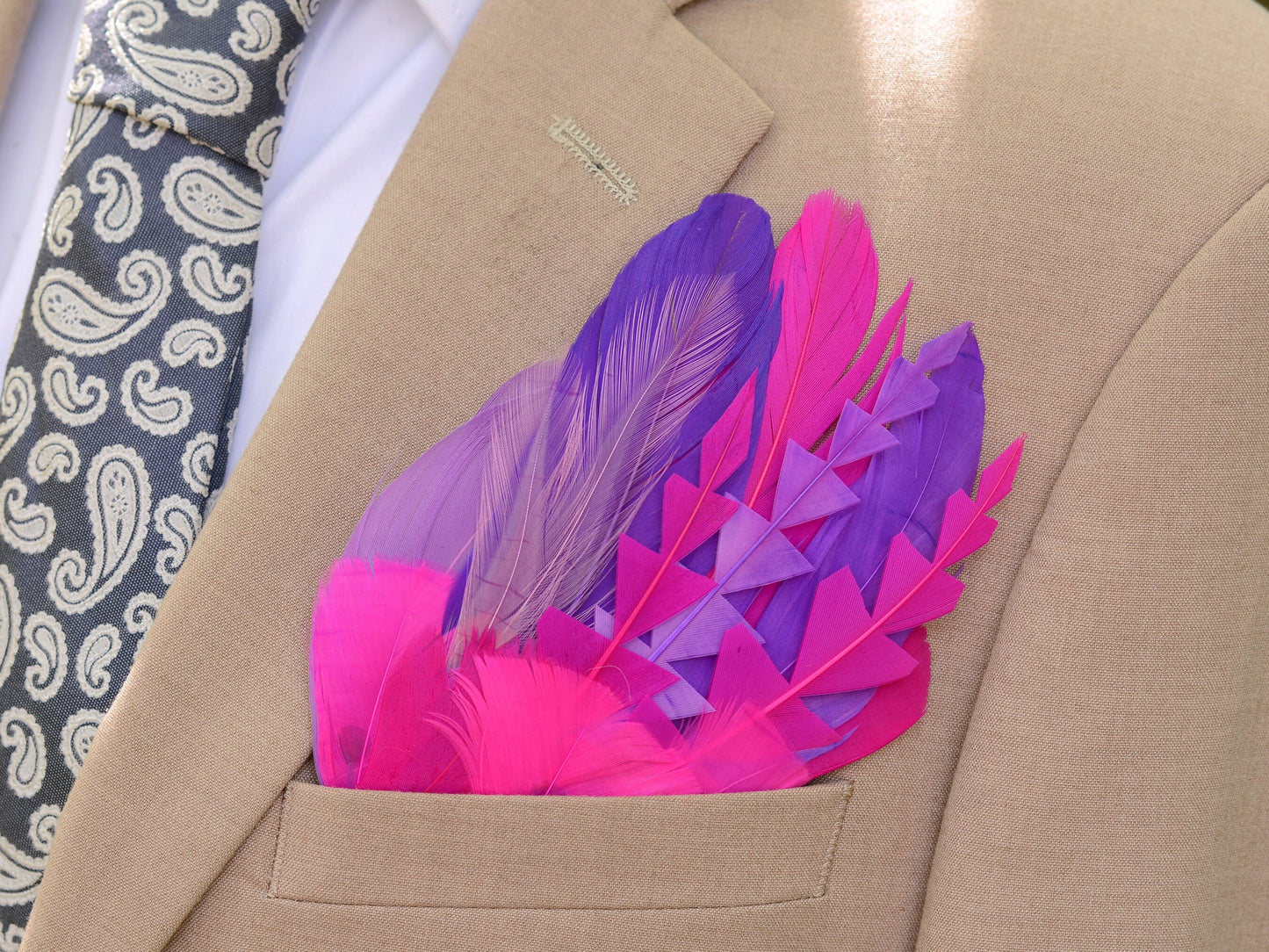 Purple and Pink Goose Feather Pocket Square No.263 | Suit Accessory | Feather Neck Tie | Grooms Outfit | Groomsmen Gift | Wedding