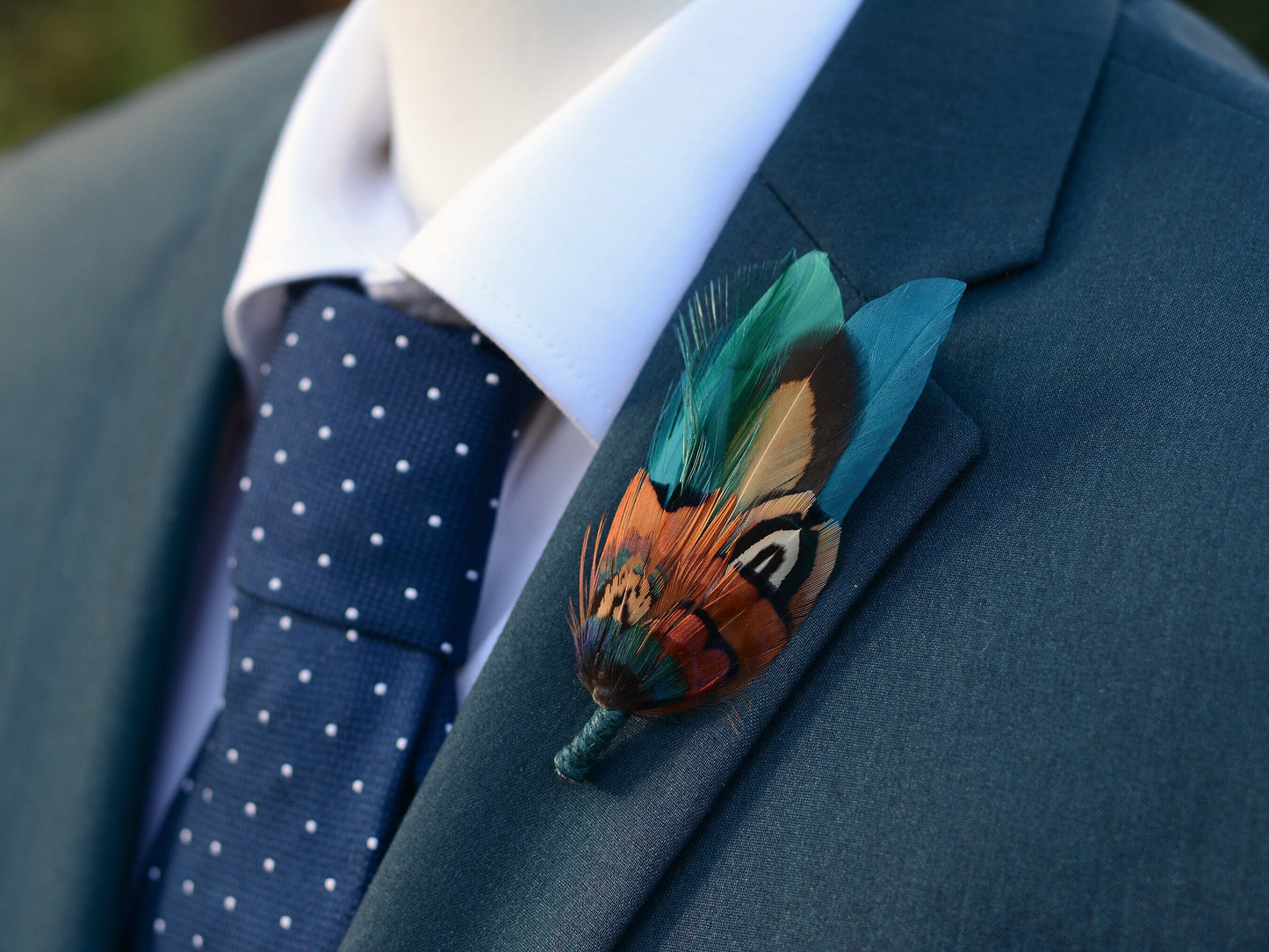 Teal and Copper Pheasant Feather Lapel Pin | Pheasant Feather Boutonniere | Pheasant Feather Brooch