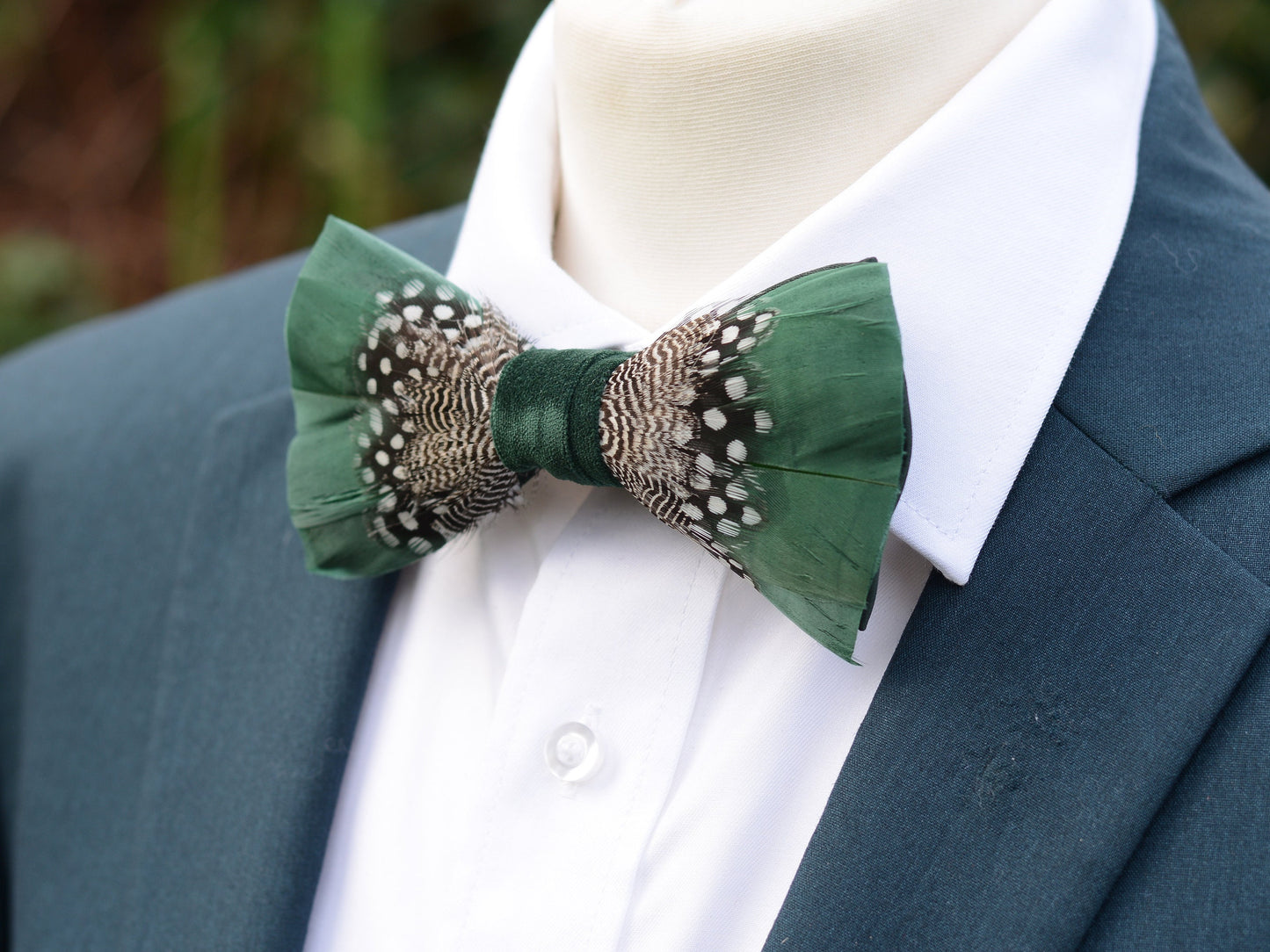 Feather Bow Tie in Deep Green and Monochrome Polka Dot | Grooms Outfit | Feather Neck Tie | Mens Gift | Black Tie