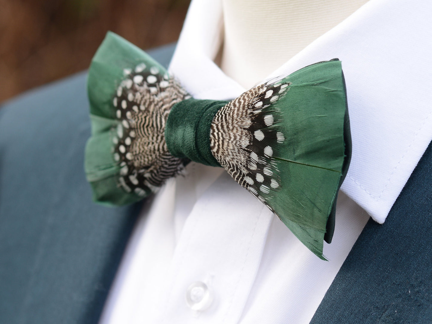 Feather Bow Tie in Deep Green and Monochrome Polka Dot | Grooms Outfit | Feather Neck Tie | Mens Gift | Black Tie