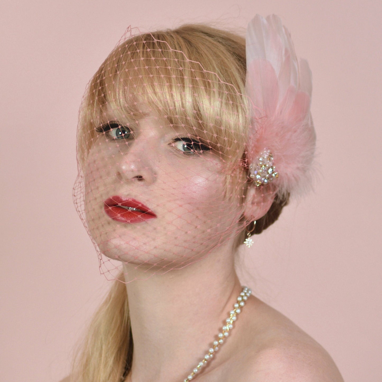 Vintage Pink Feather Headpiece with Pearl and Rhinestone Embellishment | Pink Feather Hair Clip | Pink Feather Fascinator | Bridal Headpiece