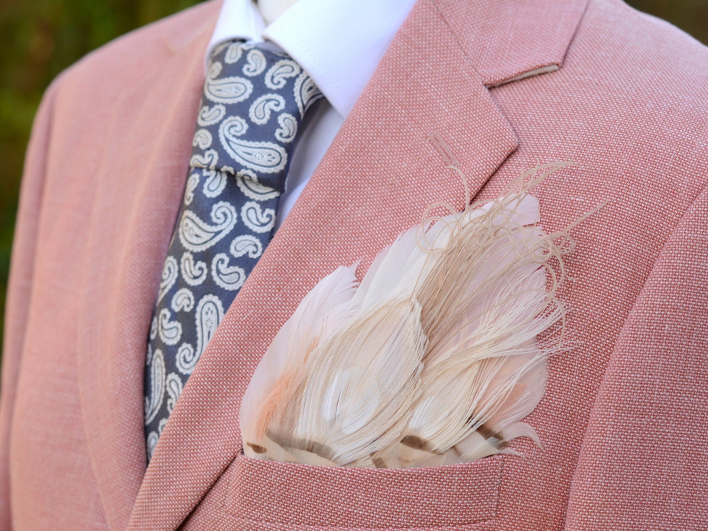 Ivory and Blush Pink Peacock Feather Pocket Square No.141 | Suit Accessory | Feather Neck Tie | Grooms Outfit | Groomsmen Gift | Wedding