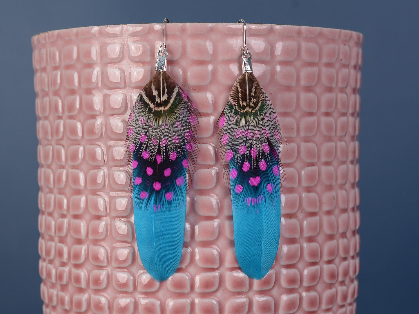 Turquoise Blue and Pink Feather Earrings | Festival Earrings | Feather Jewellery | Festival Jewellery | Drop Earrings