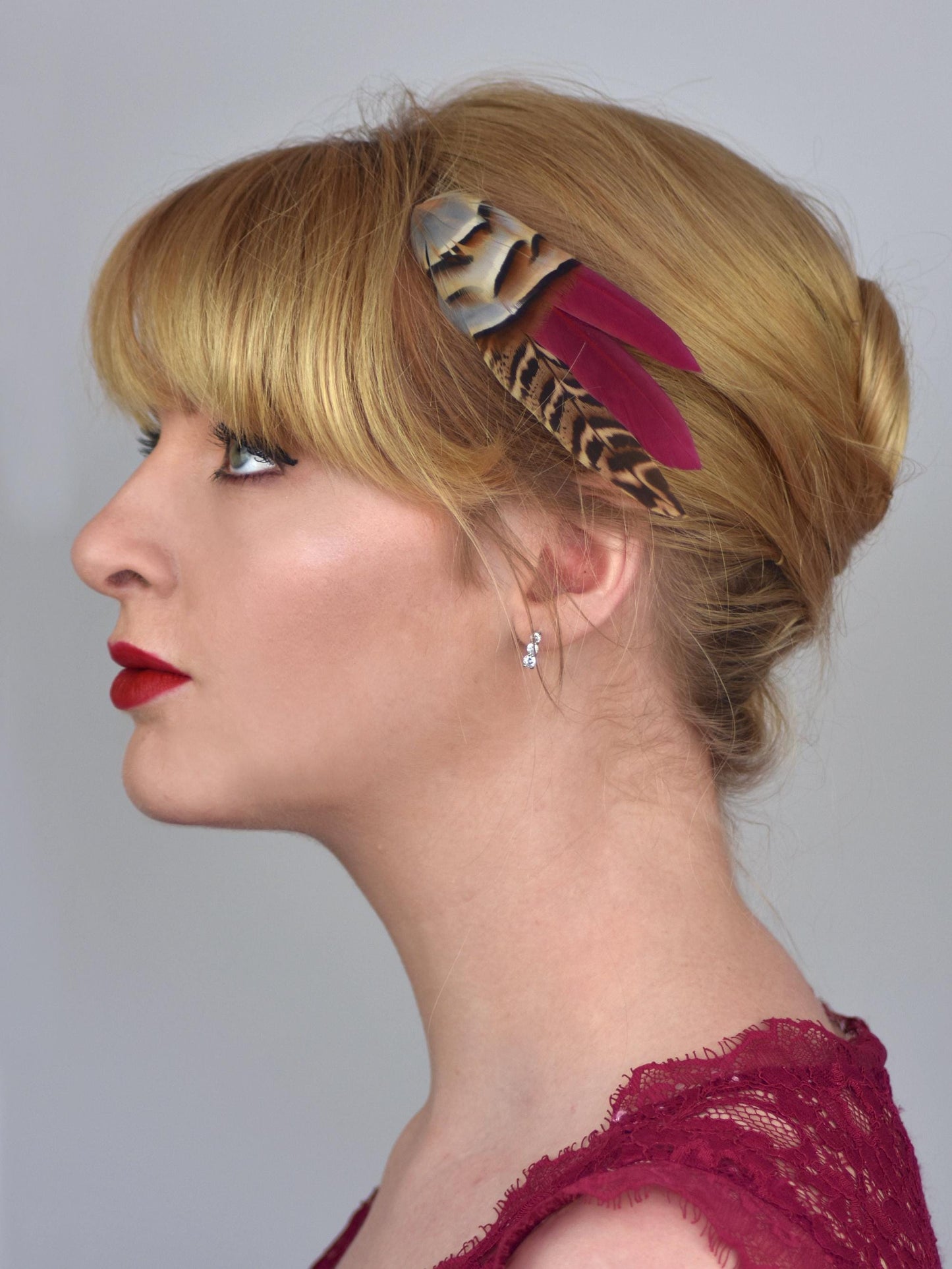 Burgundy, Partridge and Pheasant Feather Hair Clip | Pheasant Feather Fascinator | Feather Headpiece | Bridesmaid Hair Clip