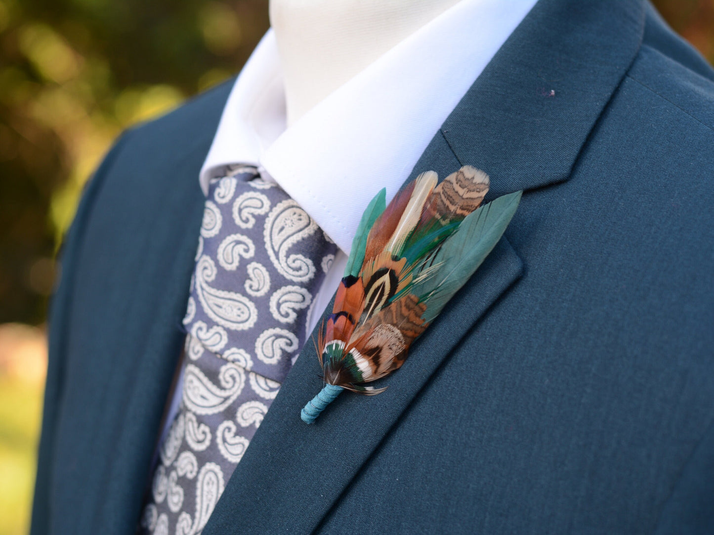 Green and Teal Pheasant Feather Lapel Pin / Hat Pin | Feather Boutonniere | Duck Feather Brooch