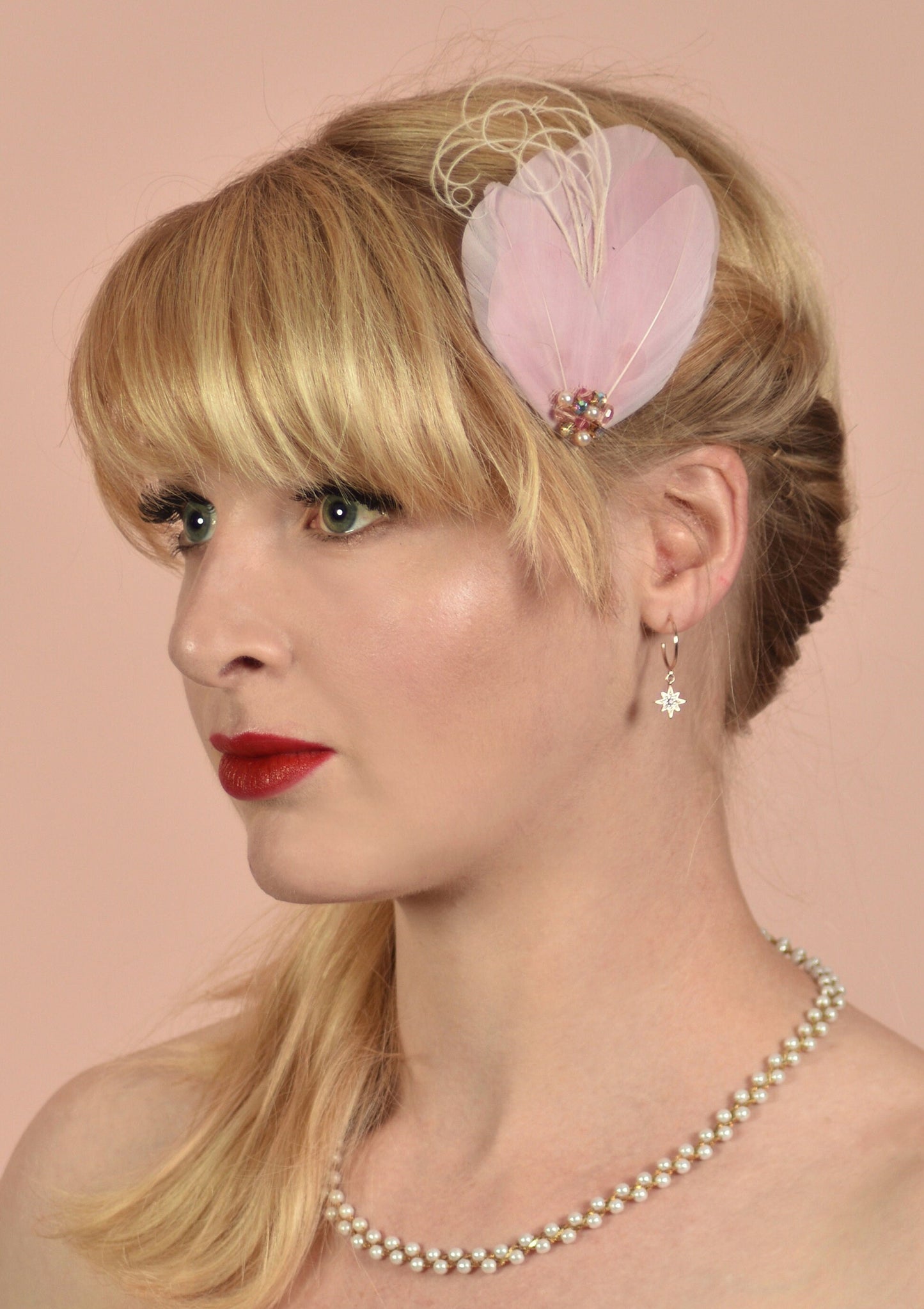 Blush Pink Vintage Style Feather Hair Clip in with Crystals and Pearls | Pink Feather Fascinator | Pink Feather Headpiece | Bridal Hair Clip