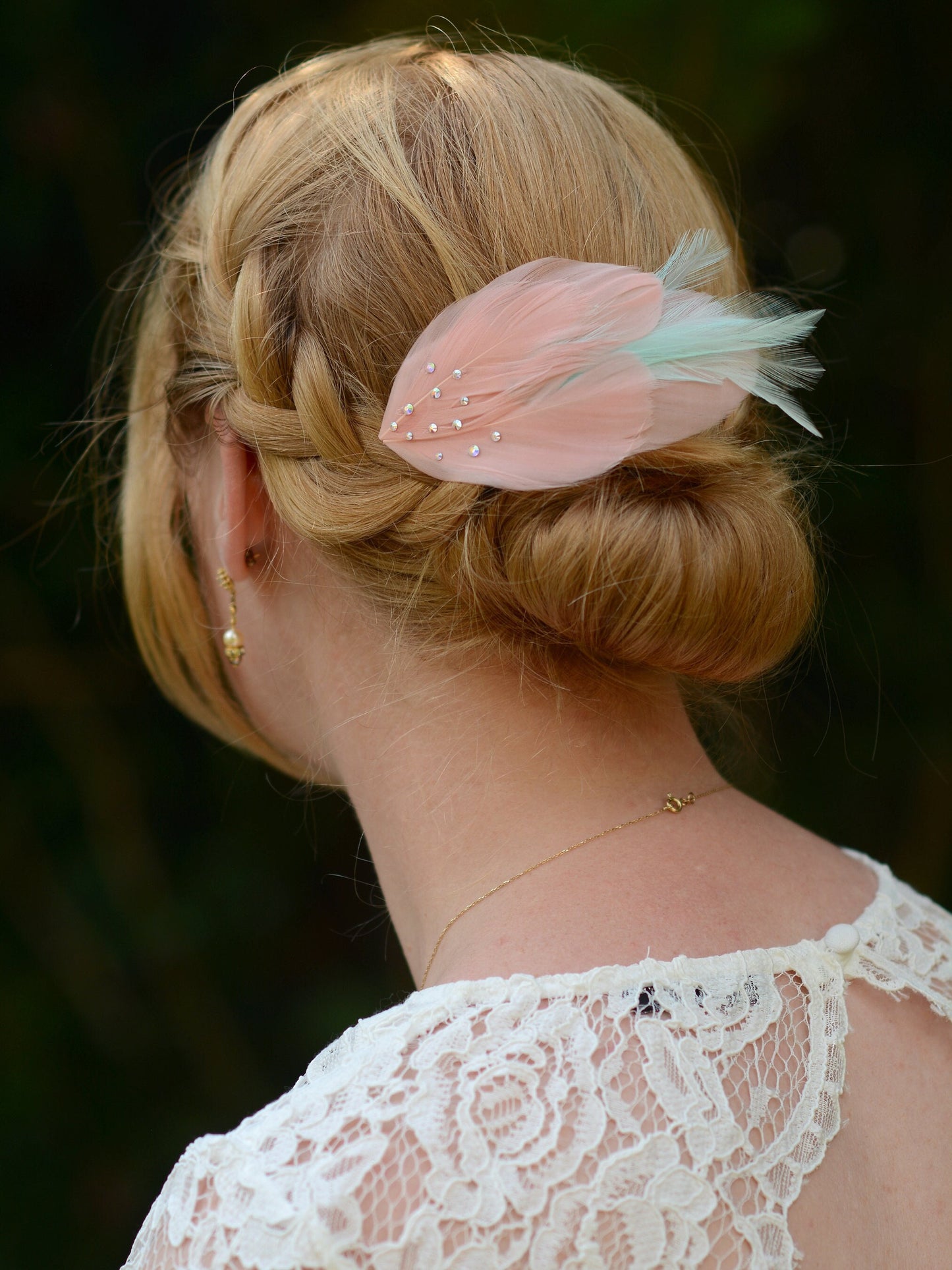 Feather Hair Clip in Vintage Pink and Mint with Crystal Embellishment | Feather Fascinator | Feather Headpiece | Bridal Hair Clip