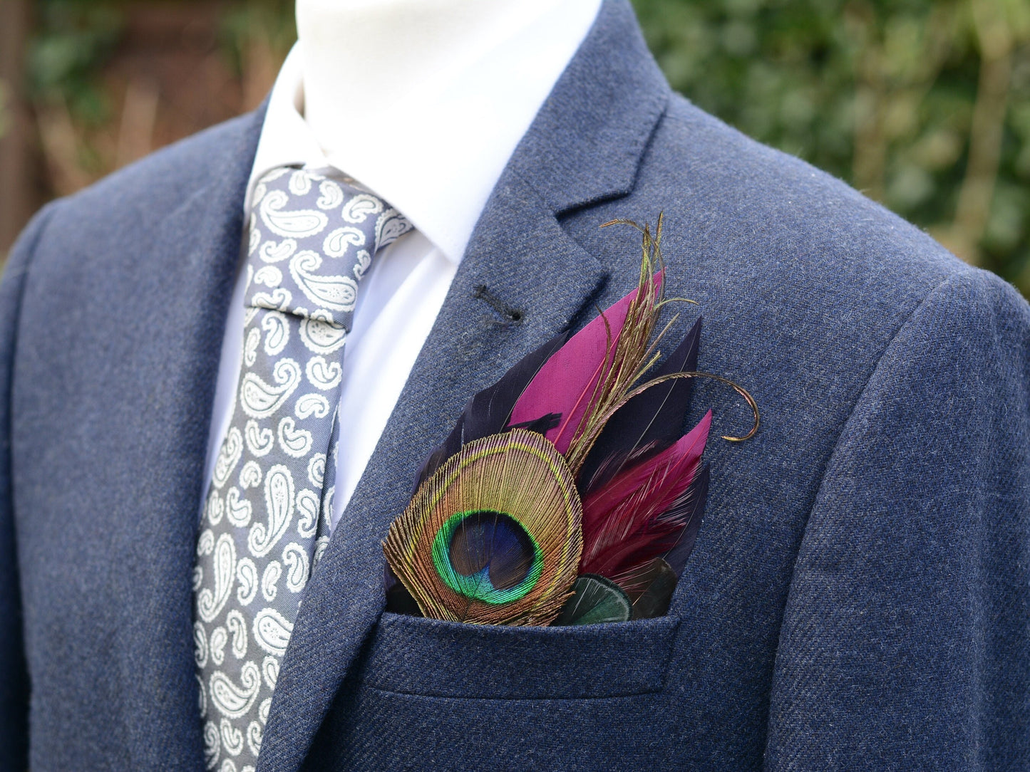 Plum Purple, Midnight Blue and Peacock Feather Pocket Square No.166 | Suit Accessory | Grooms Outfit | Groomsmen | Wedding