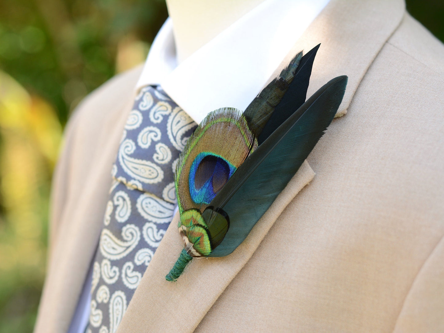Peacock Feather Hat Pin in Green and Black | Peacock Feather Boutonniere | Peacock Feather Brooch