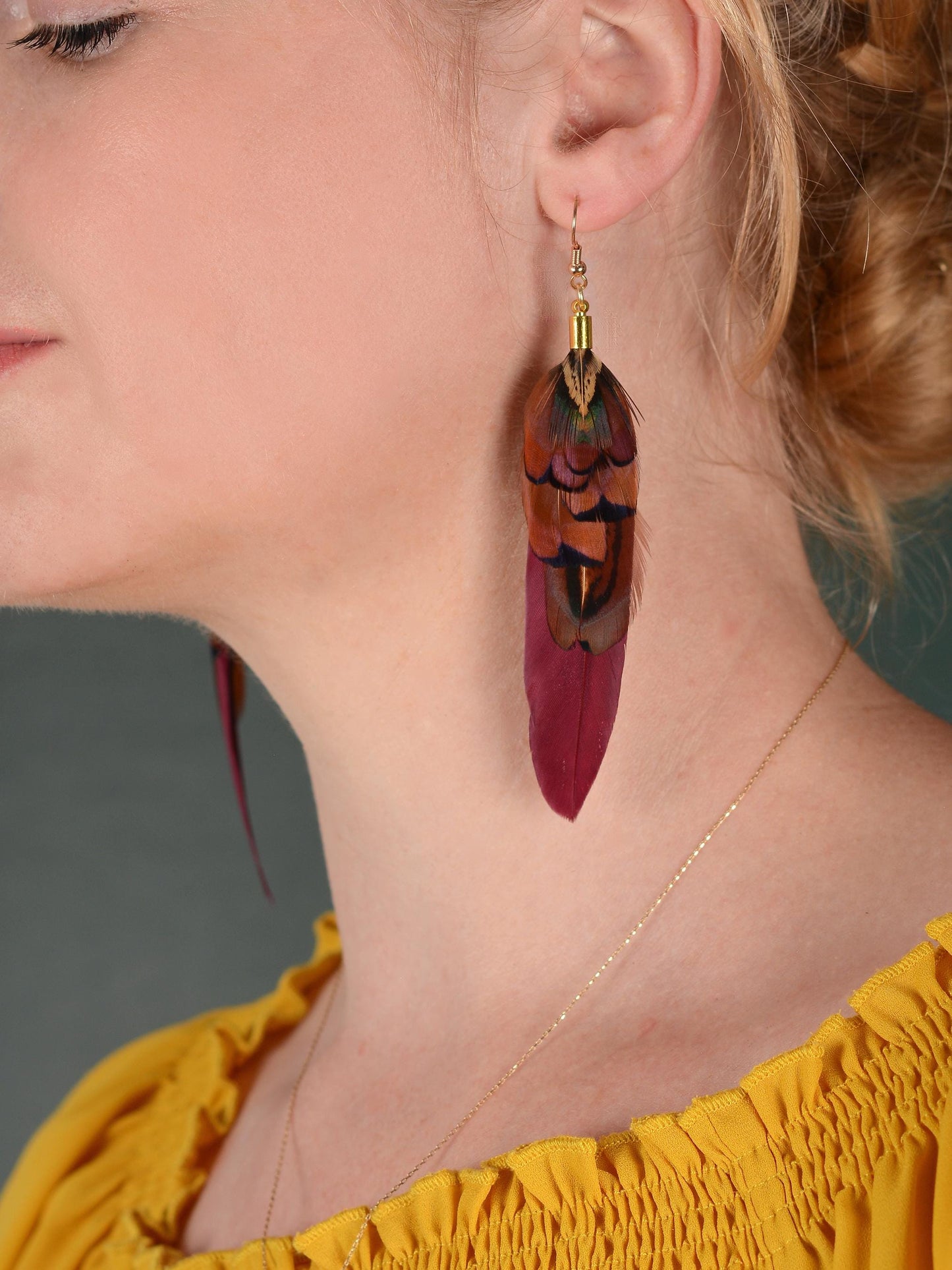Plum and Copper Pheasant Feather Earrings | Festival Earrings | Feather Jewellery | Festival Jewellery | Drop Earrings