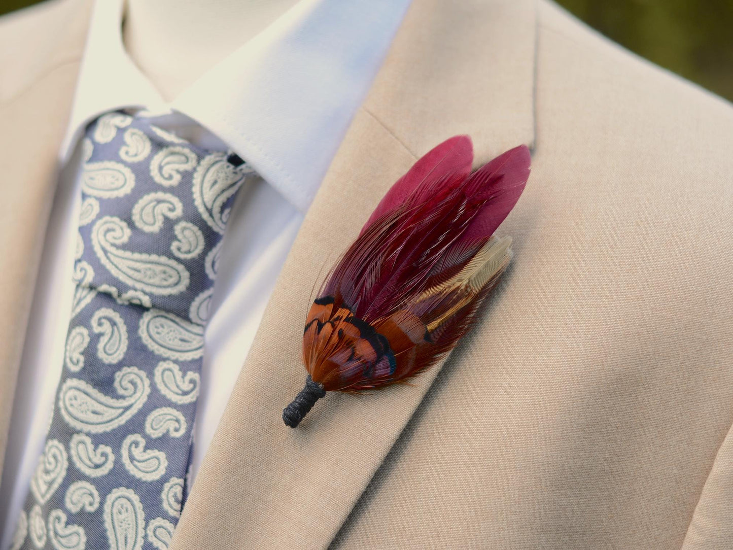 Deep Burgundy and Copper Feather Pin / Hat Pin | Duck Feather Boutonniere | Pheasant Feather Brooch | Feather Corsage