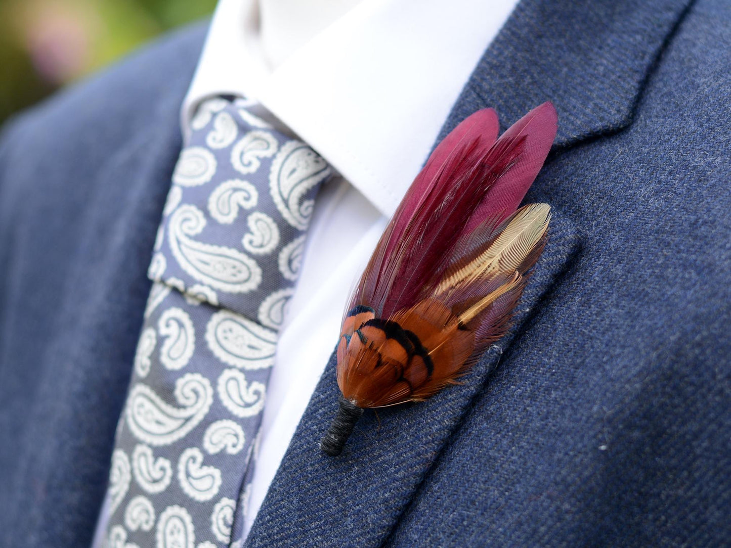 Deep Burgundy and Copper Feather Pin / Hat Pin | Duck Feather Boutonniere | Pheasant Feather Brooch | Feather Corsage
