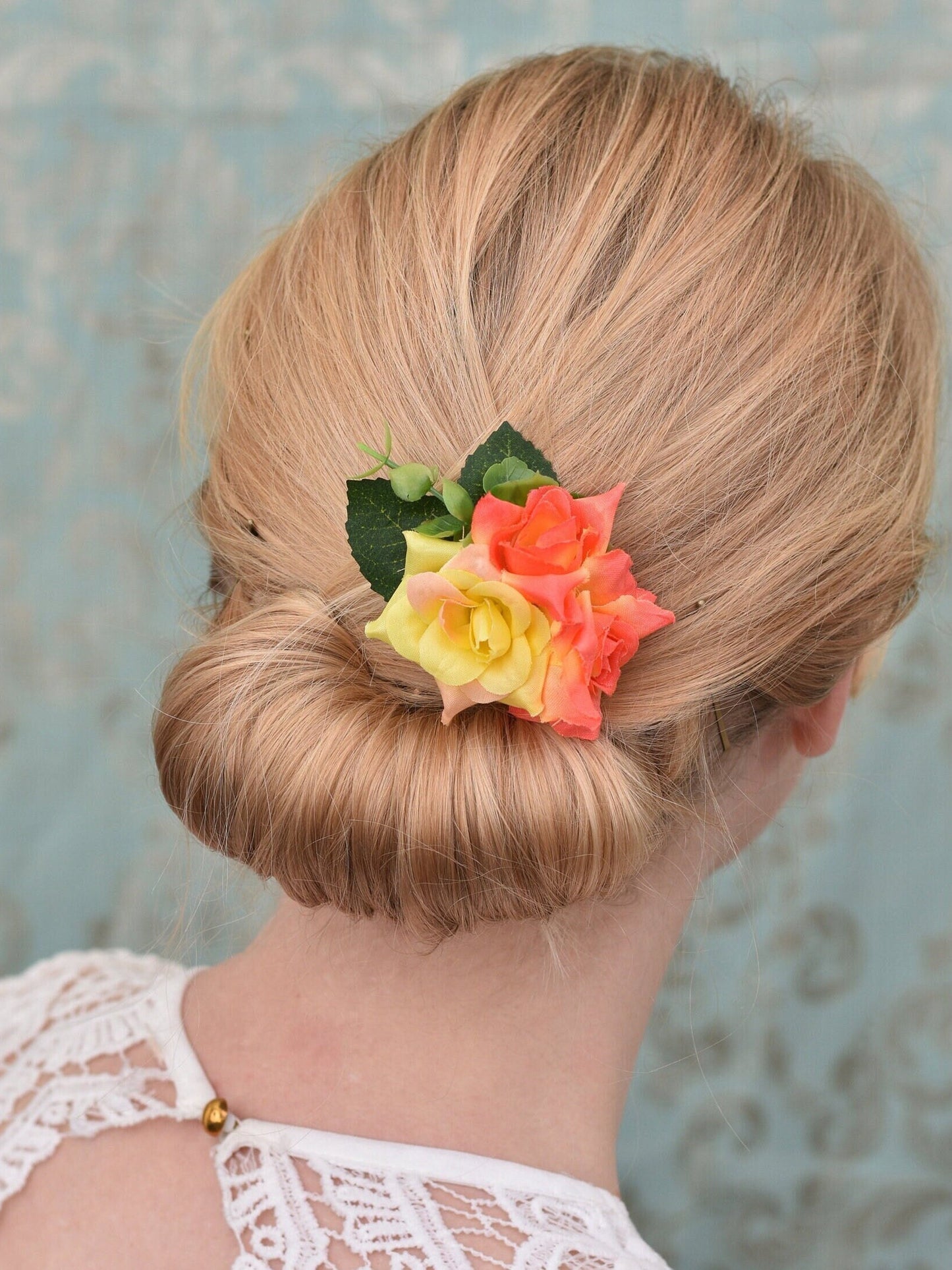 Flower Hair Clip in Yellow and Orange Roses | Tropical Hair Clip | Bridesmaids Clip | Bridal Hair Clip | Flower Bun Clip