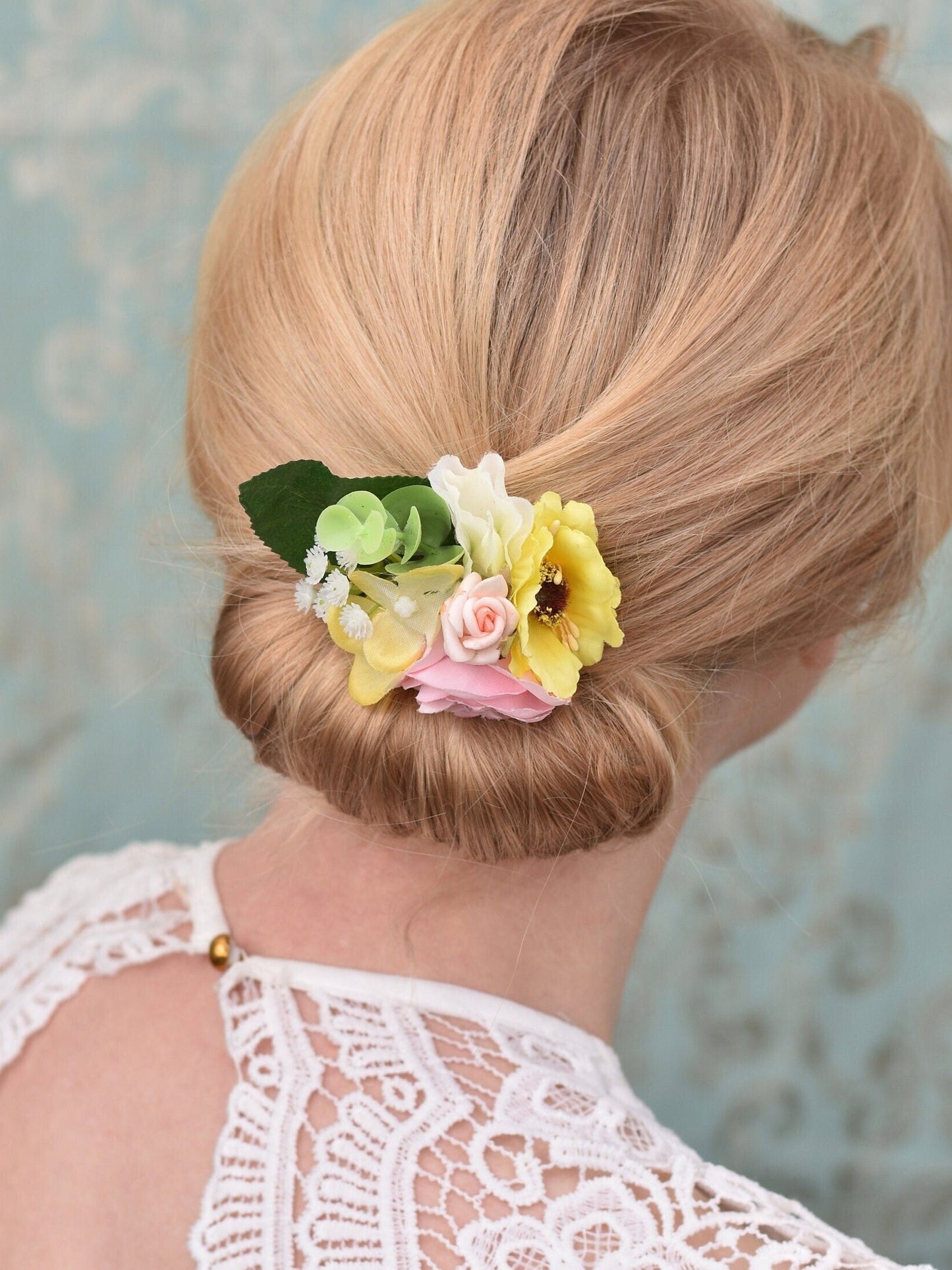Flower Hair Clip in Pink and Yellow | Bridesmaids Hair Clip | Hair Accessory | Floral Headpiece | Bridal Hair Clip | Flower Bun Clip