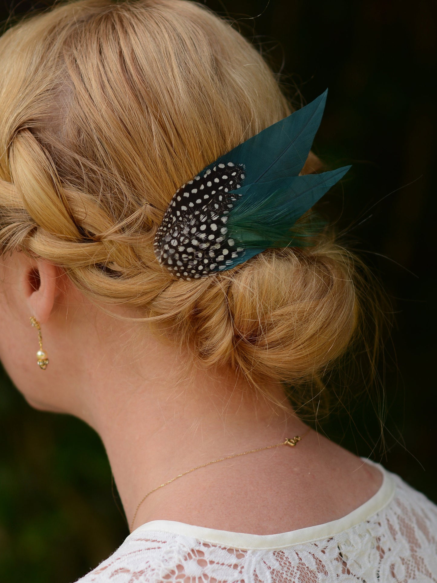 Deep Green Feather Hair Clip with Polka Dots, Green Feather Hair Piece