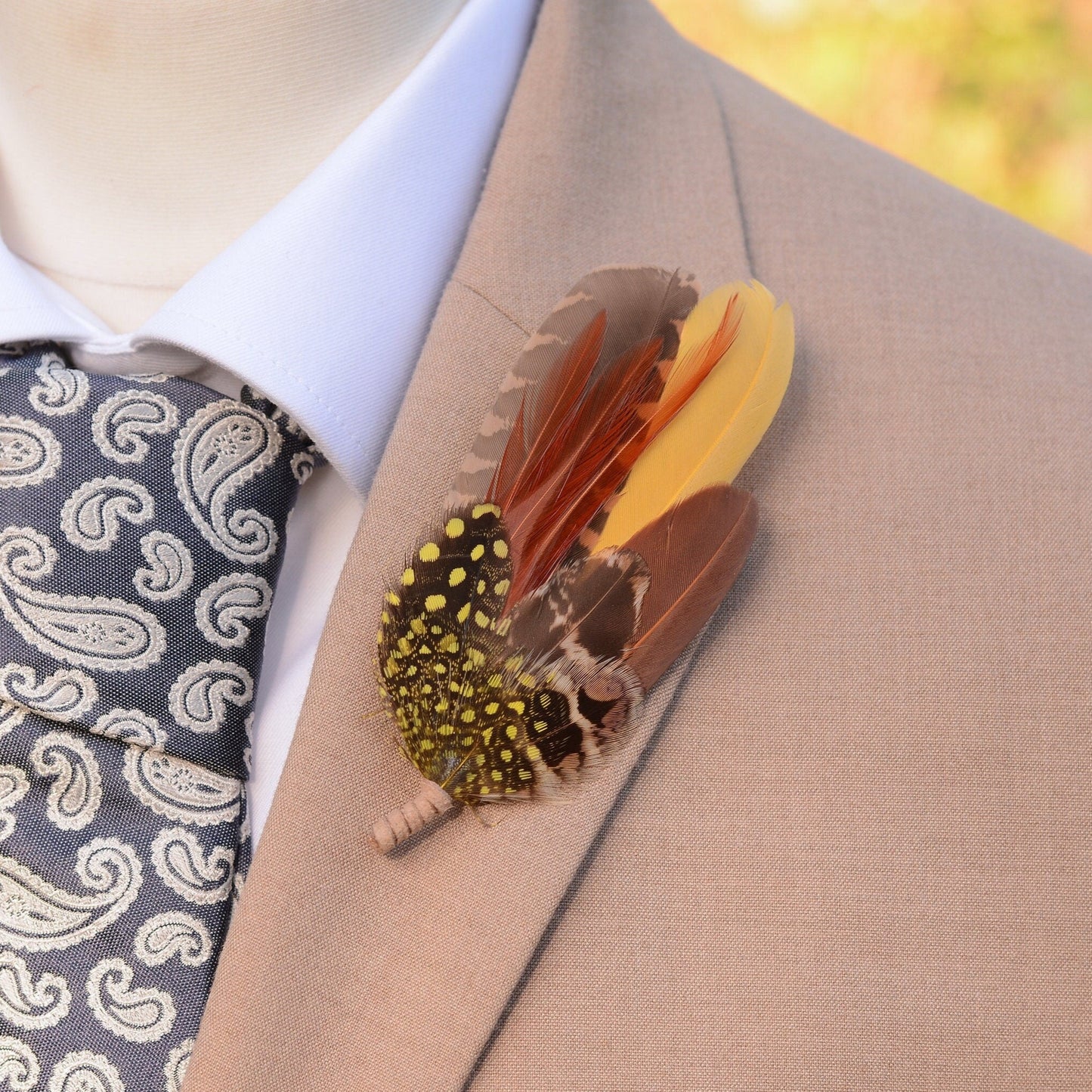 Mustard Yellow and Tan Brown Feather Pin No.200 | Feather Boutonnieres | Feather Hat Pin | Pheasant Feather Pin
