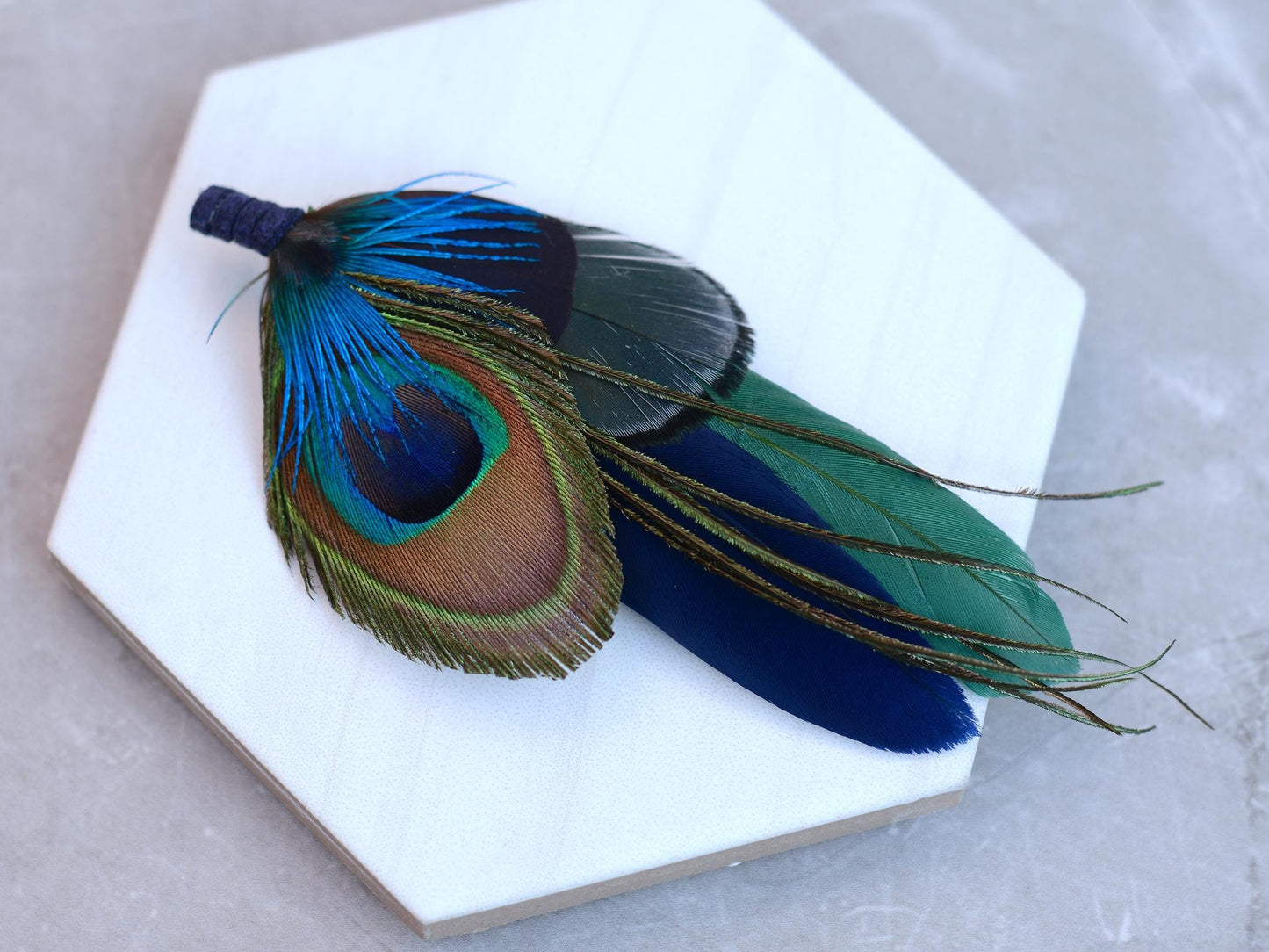 Green and Navy Peacock and Pheasant Feather Boutonniere | Peacock Feather Corsage | Peacock Feather Hat Pin