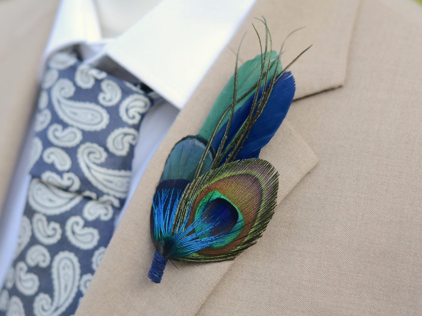 Green and Navy Peacock and Pheasant Feather Boutonniere | Peacock Feather Corsage | Peacock Feather Hat Pin