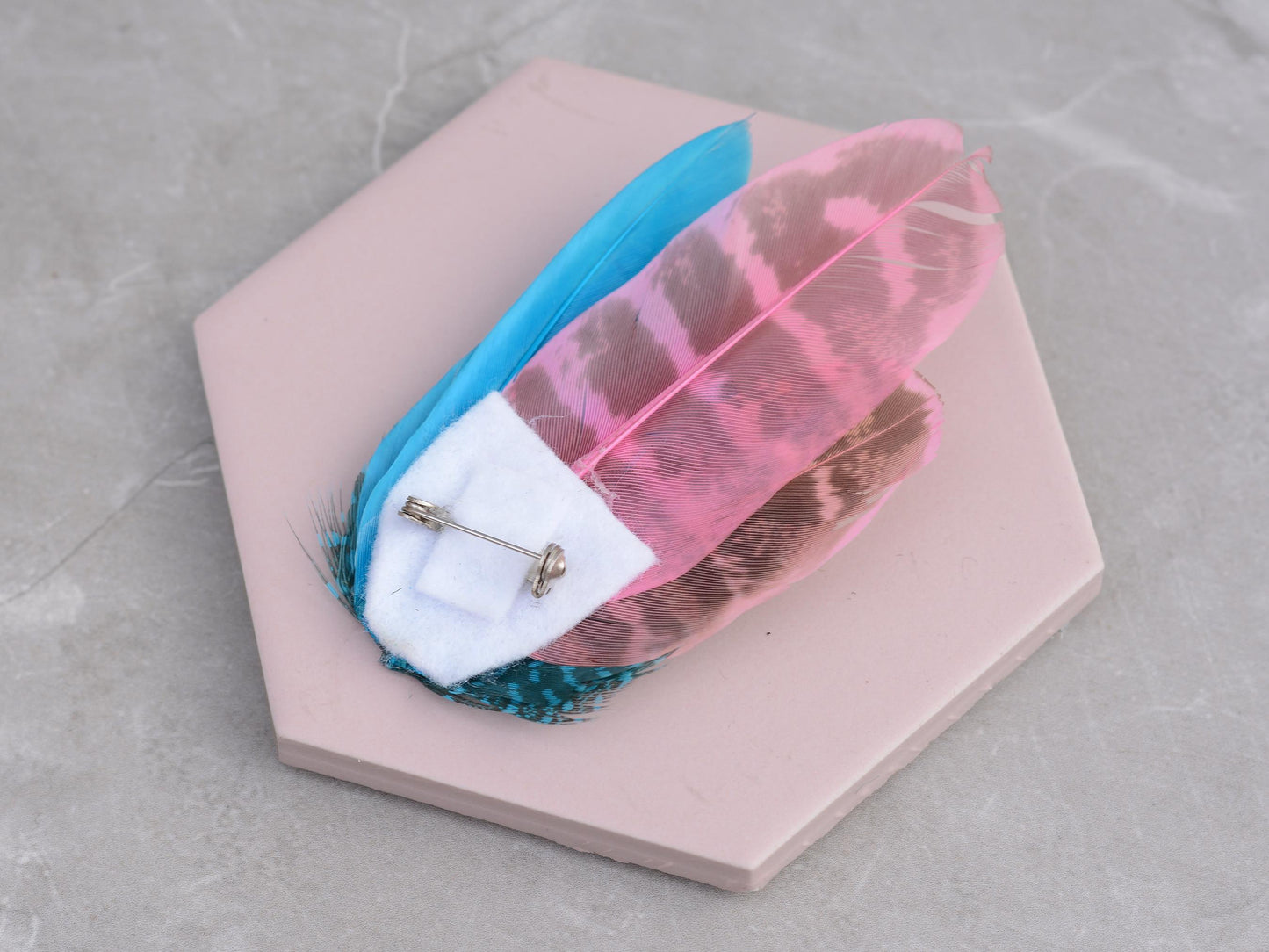Bright Blue and Pink Feather Pin Small no.157 | Pheasant Feather Boutonniere | Feather Brooch | Feather Hat Pin