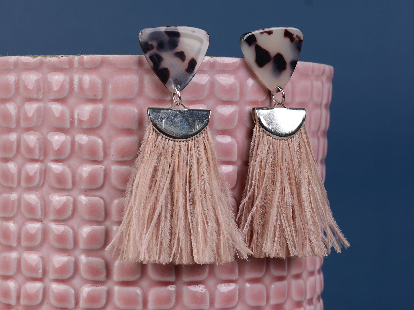 Nude Pink and Tortoiseshell Ostrich Feather Tassel Earrings
