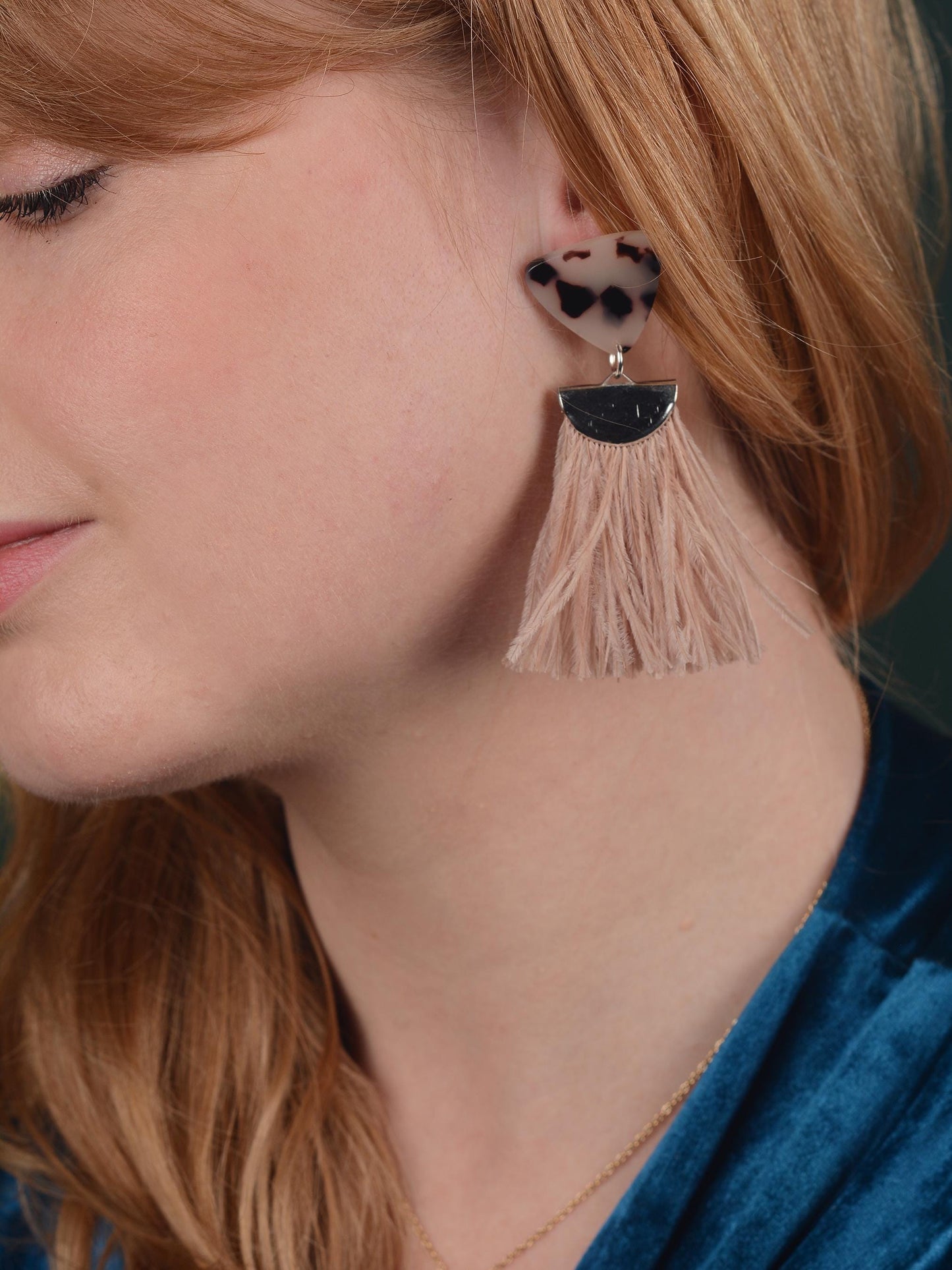 Nude Pink and Tortoiseshell Ostrich Feather Tassel Earrings