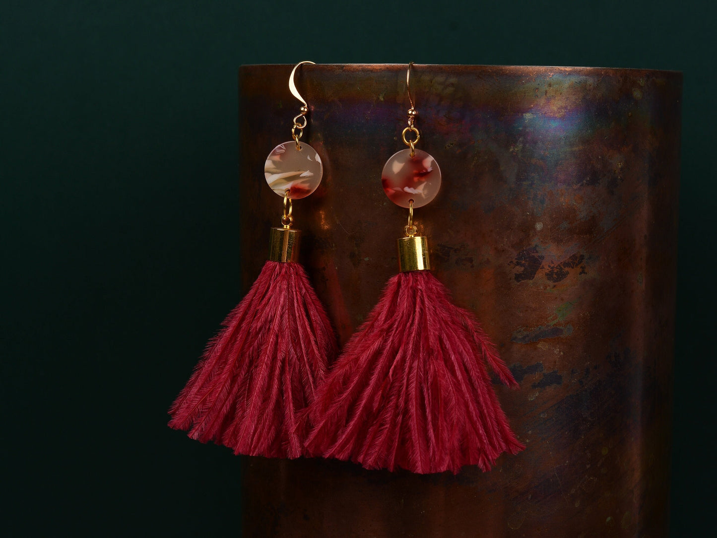 Jupiter - Crimson Red Ostrich Feather Tassel Earrings with Acetate Disc