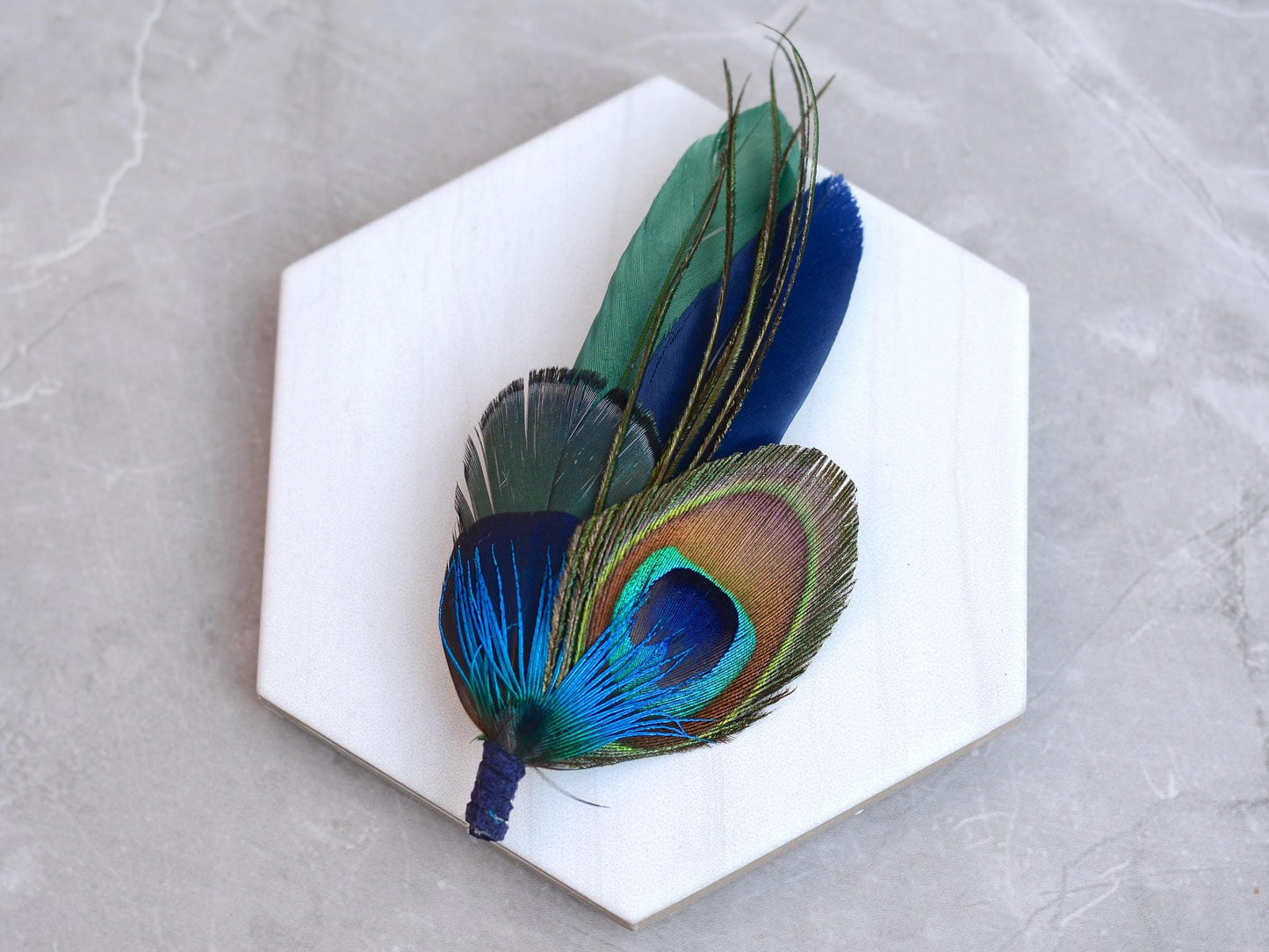 Green and Navy Peacock and Pheasant Feather Boutonniere | Peacock Feather Corsage | Peacock Feather Hat Pin