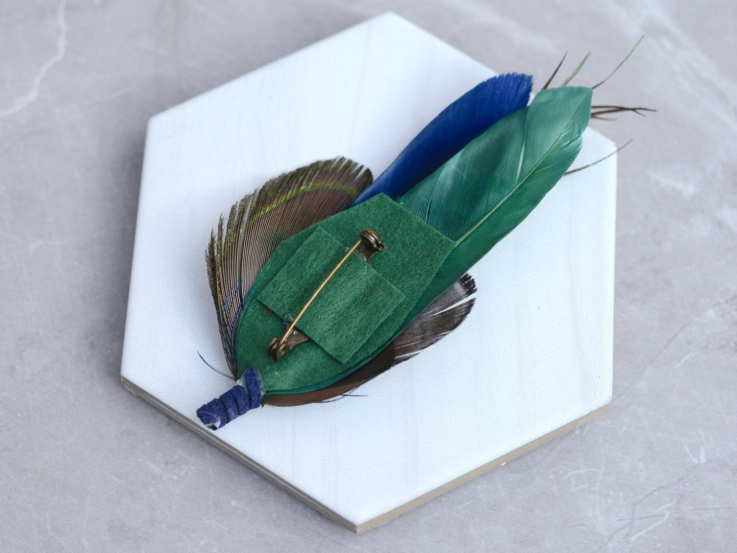 Green and Navy Peacock and Pheasant Feather Boutonniere | Peacock Feather Corsage | Peacock Feather Hat Pin
