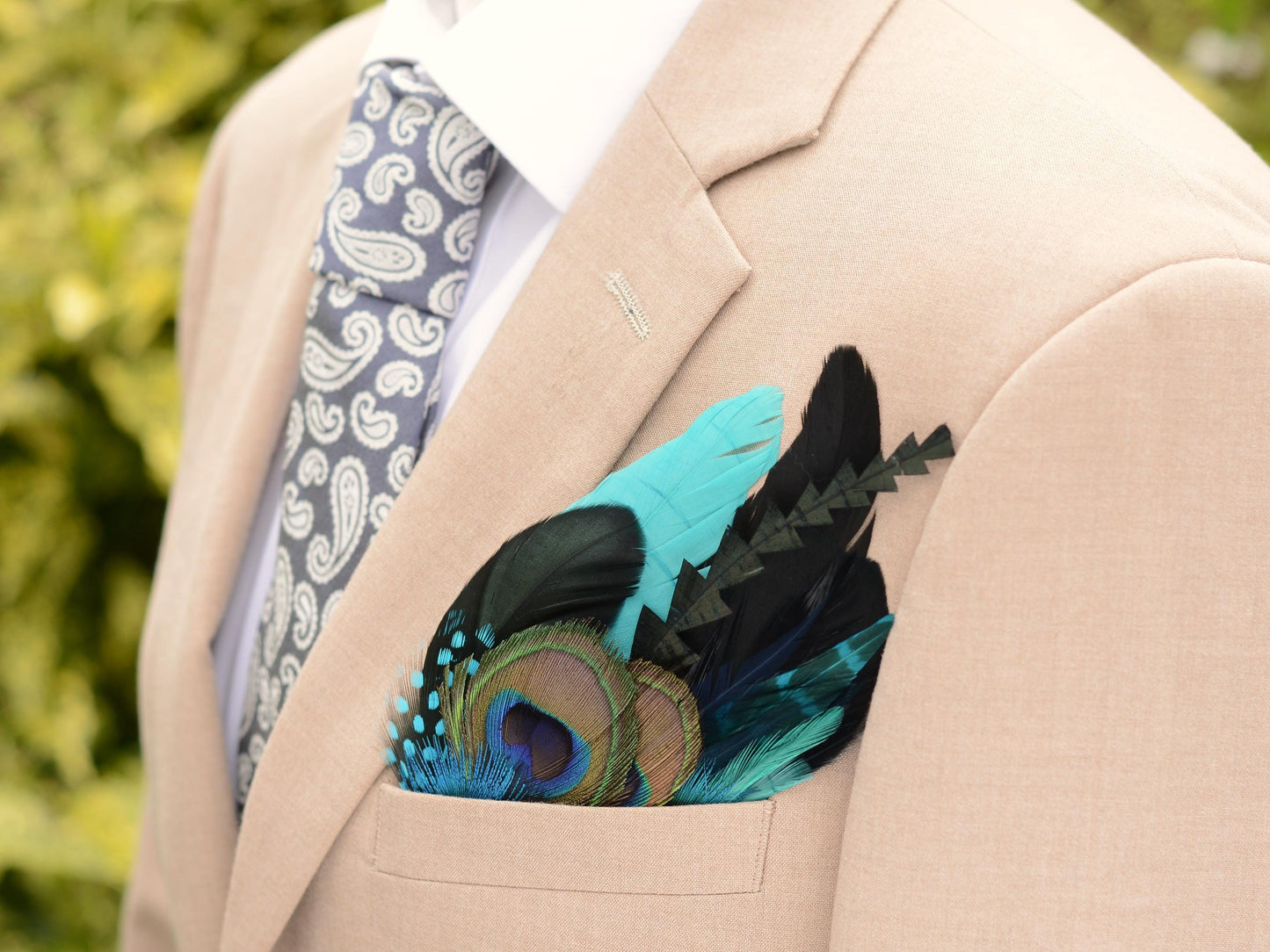 Shades of Teal and Turquoise Peacock Eye Feather Pocket Square No.252 | Suit Accessory